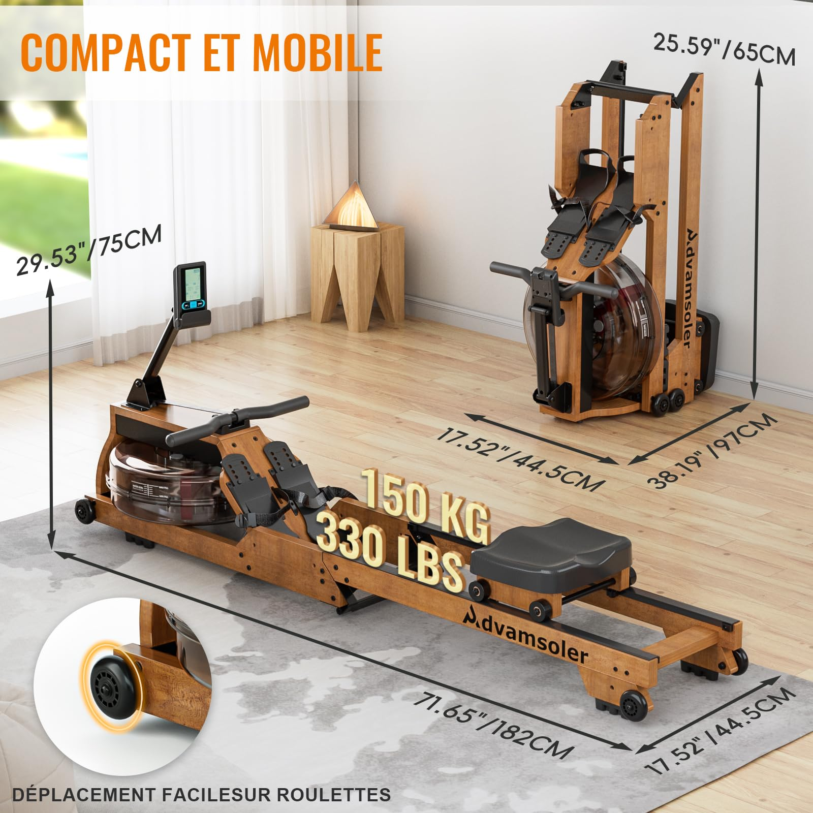 Un rameur à eau en bois illustré en usage et plié, avec dimensions et capacité de poids.