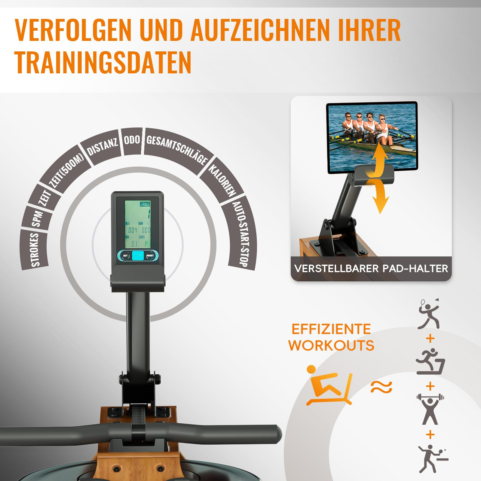 Moniteur de rameur affichant les données d'entraînement et support de tablette réglable.