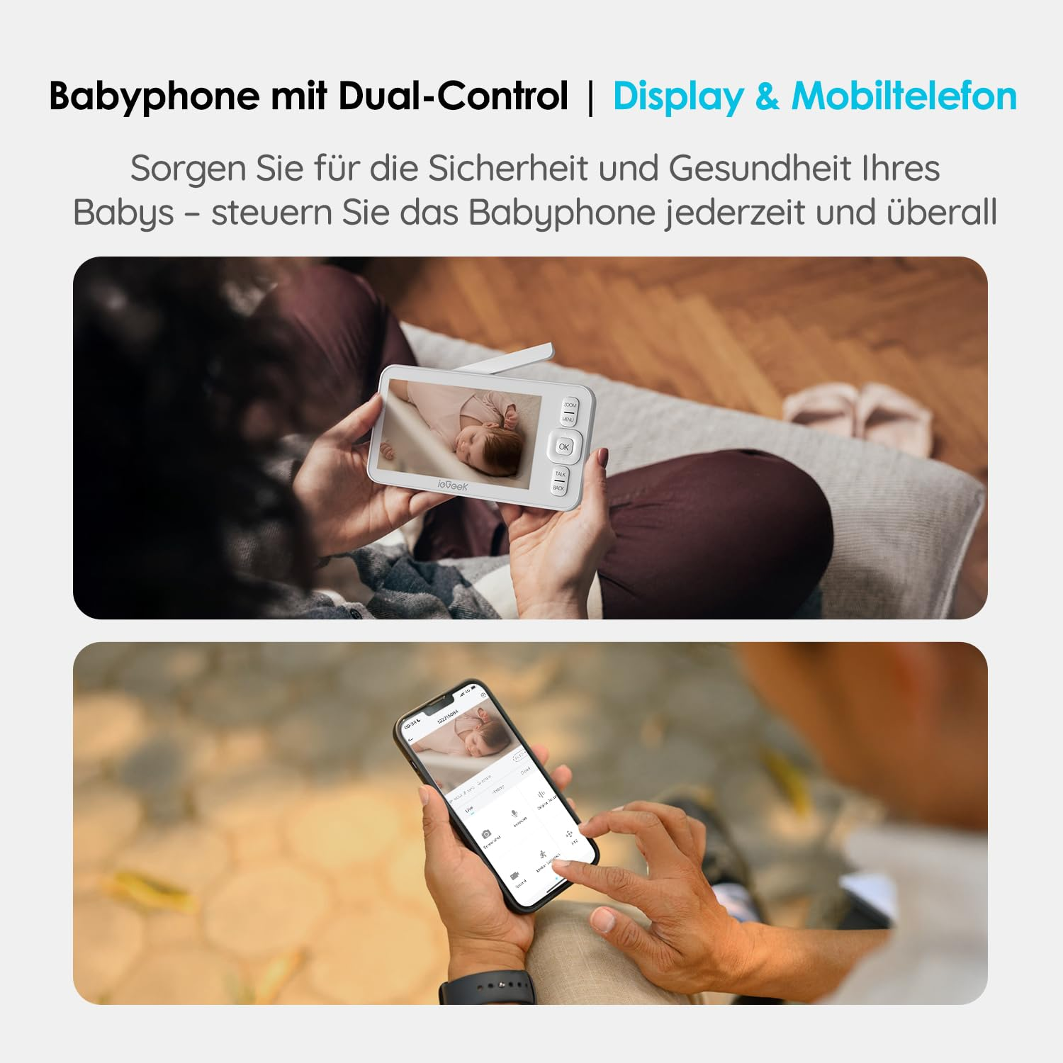 Une personne tient un moniteur pour bébé montrant un bébé endormi, tandis qu'une autre consulte le flux sur un smartphone.
