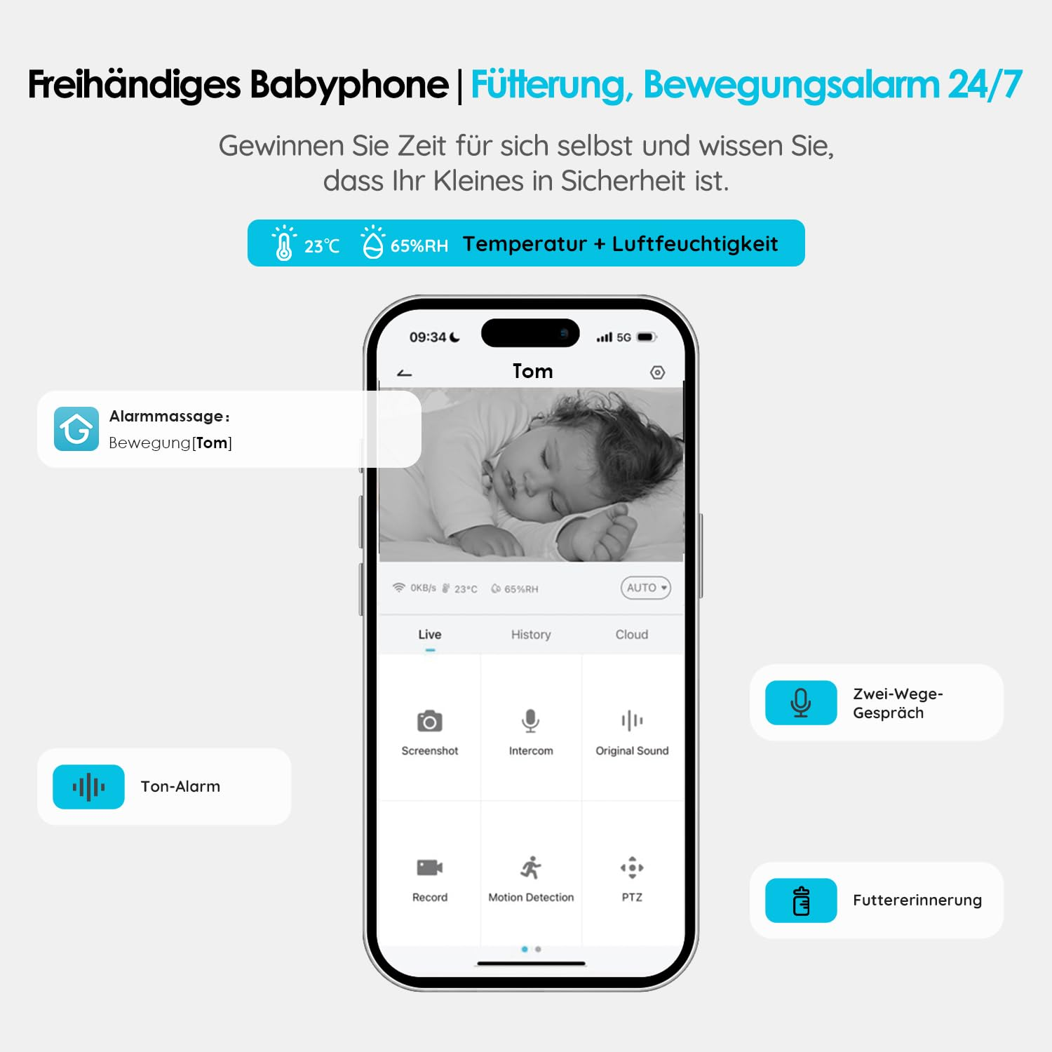 Smartphone affichant l'application babyphone avec un enfant endormi et des options.