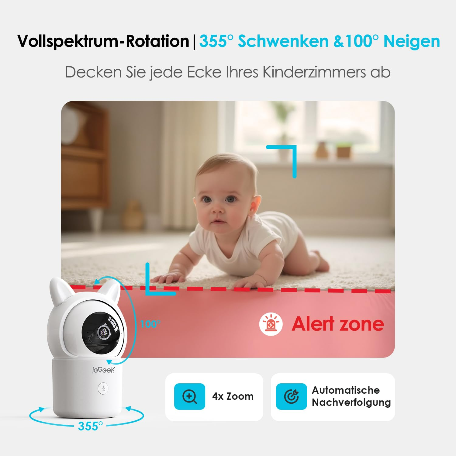 Caméra bébé avec rotation de 355° et inclinaison de 100°, montrant un bébé qui rampe dans une pièce.
