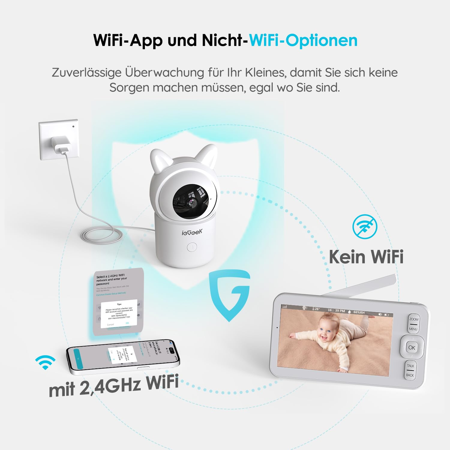 Écoute-bébé avec caméra prenant en charge les connexions Wi-Fi et non Wi-Fi.