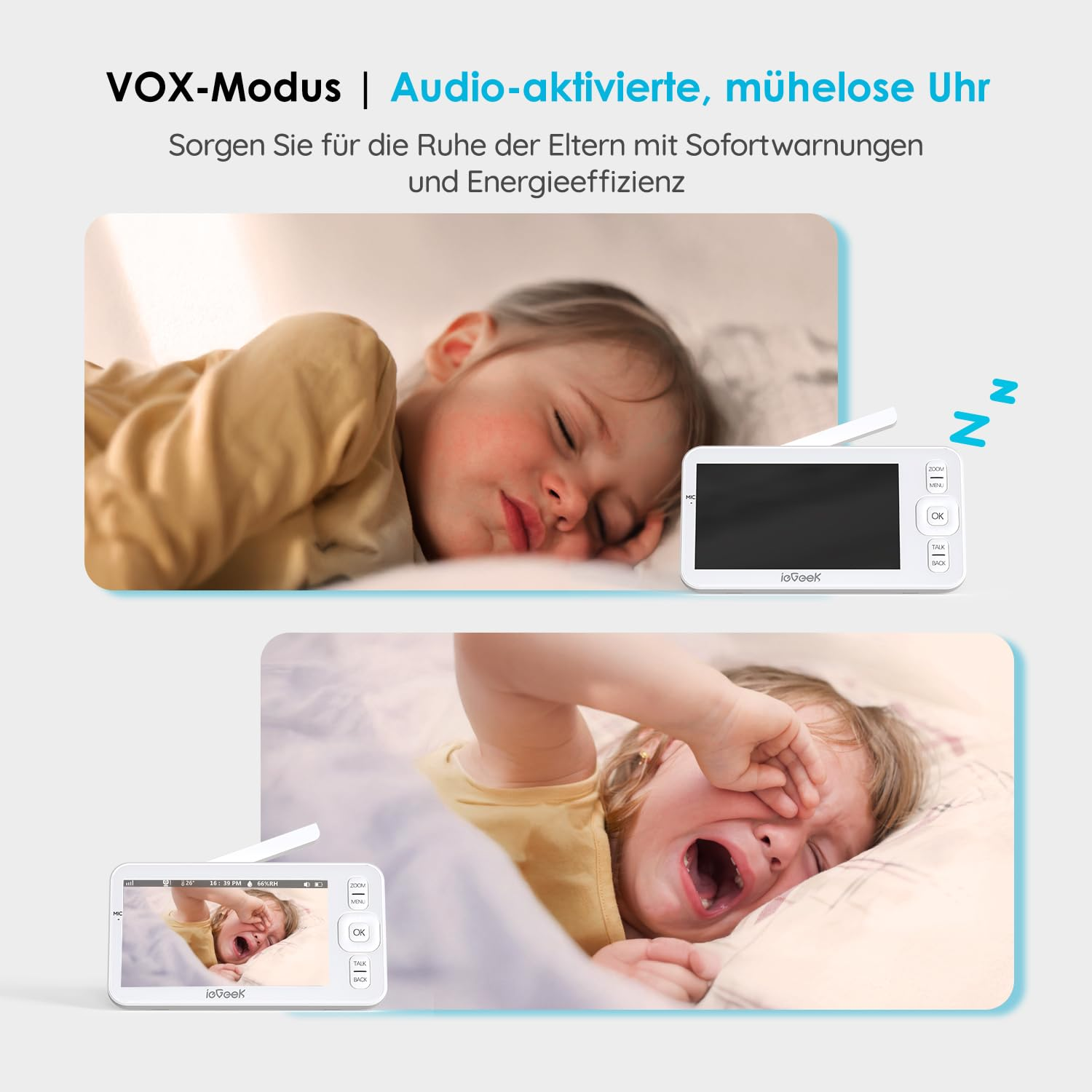 Un écoute-bébé montre un enfant endormi puis qui pleure, démontrant des alertes audio.