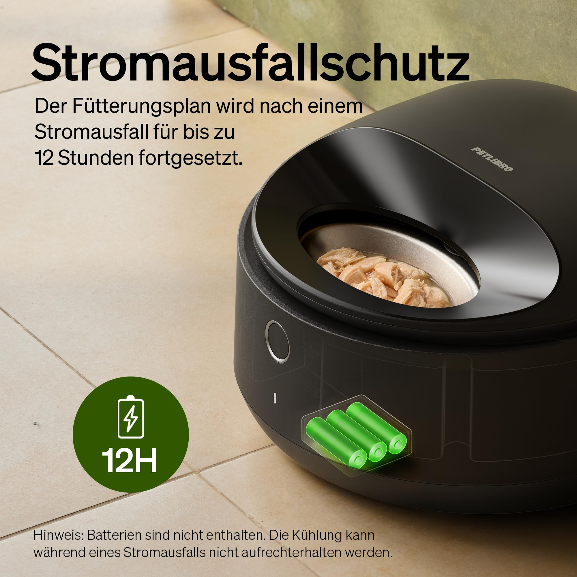 Distributore di cibo nero per animali con batteria di riserva di 12 ore.