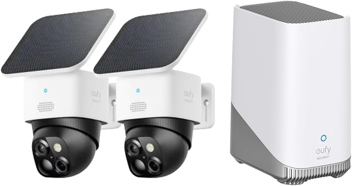 Deux caméras de sécurité blanches avec panneaux solaires et une station de base blanche Eufy Security sur fond blanc.