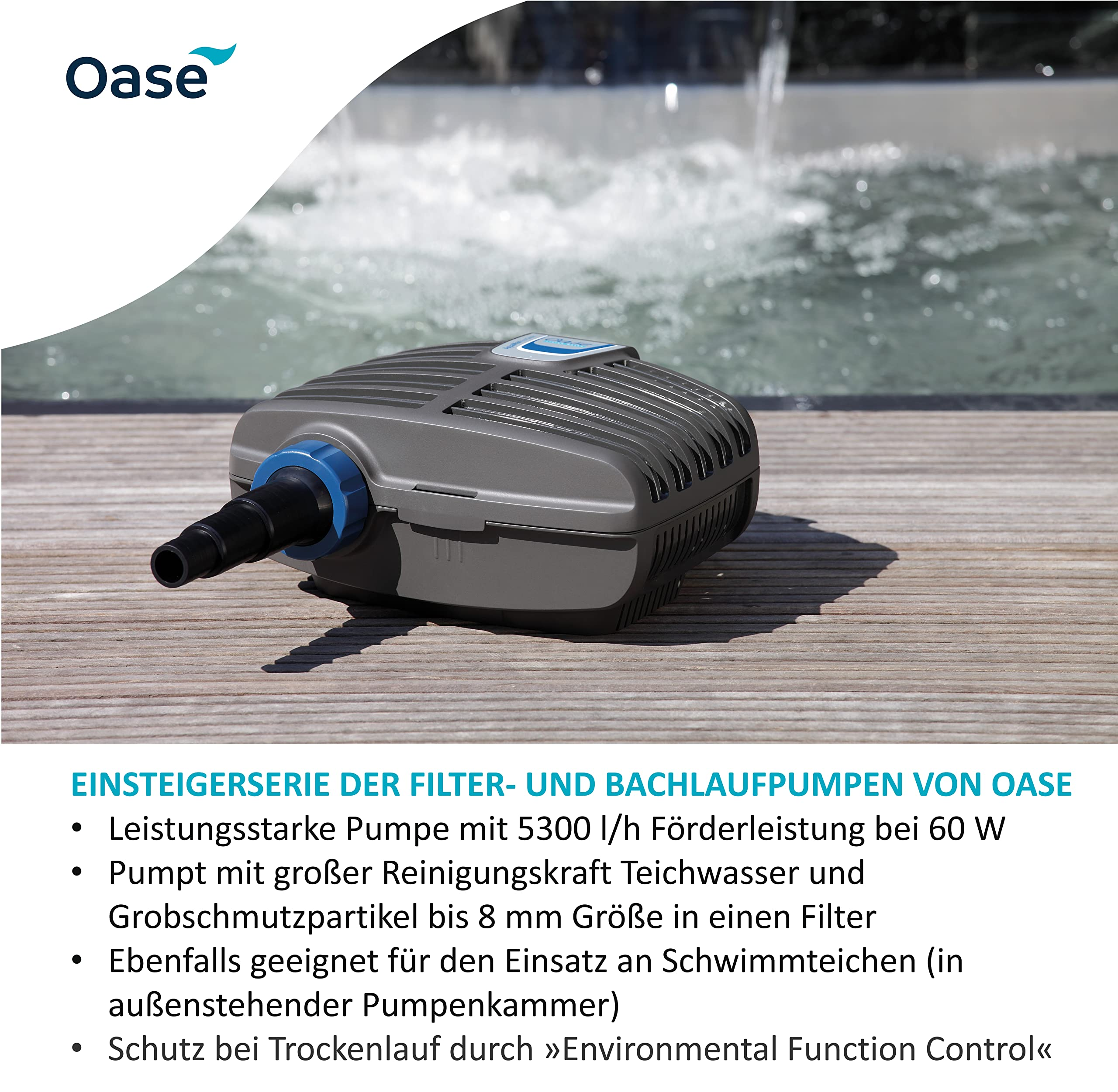 Graue Oase Filterpumpe auf Holzterrasse mit Oase-Logo und Produktbeschreibung auf weißem Grund.