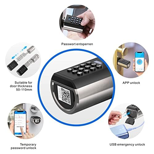 Ein Smart-Türschloss mit Ziffernblock und App-Steuerung, QR-Code und USB-Notfallentsperrung.