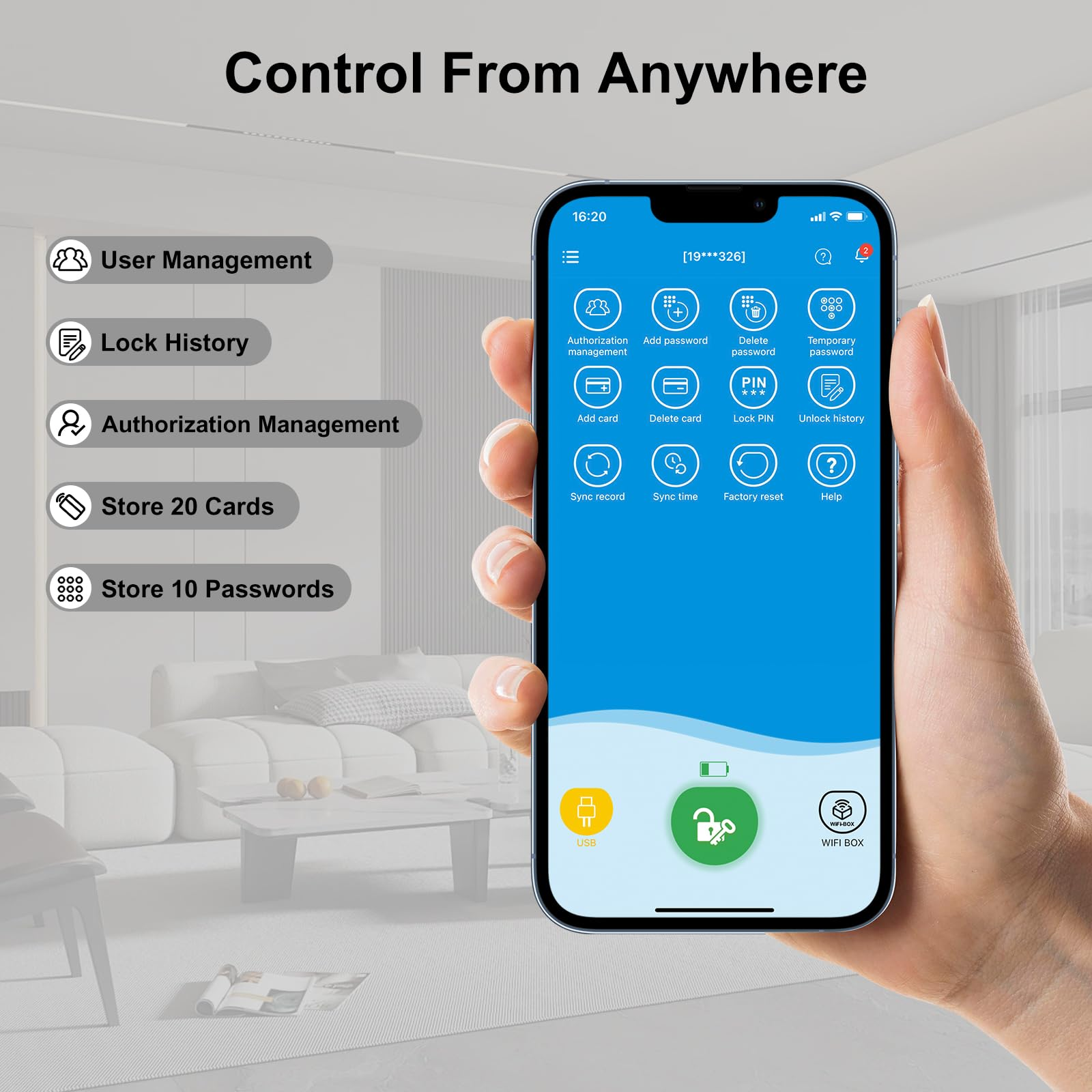 Hand hält Smartphone mit App-Menü für Smart-Lock-Steuerung und Funktionen wie Benutzer- und Passwortverwaltung.