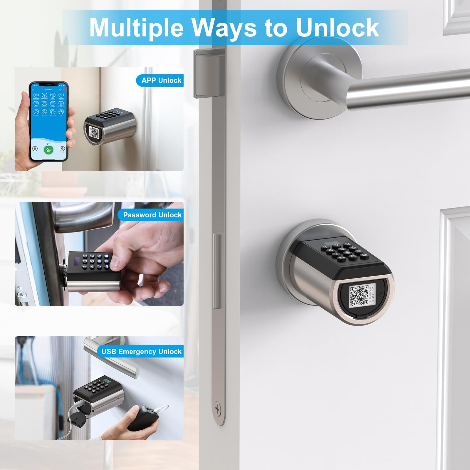 Intelligentes Türschloss mit mehreren Entsperrmöglichkeiten wie App, Passwort und USB.
