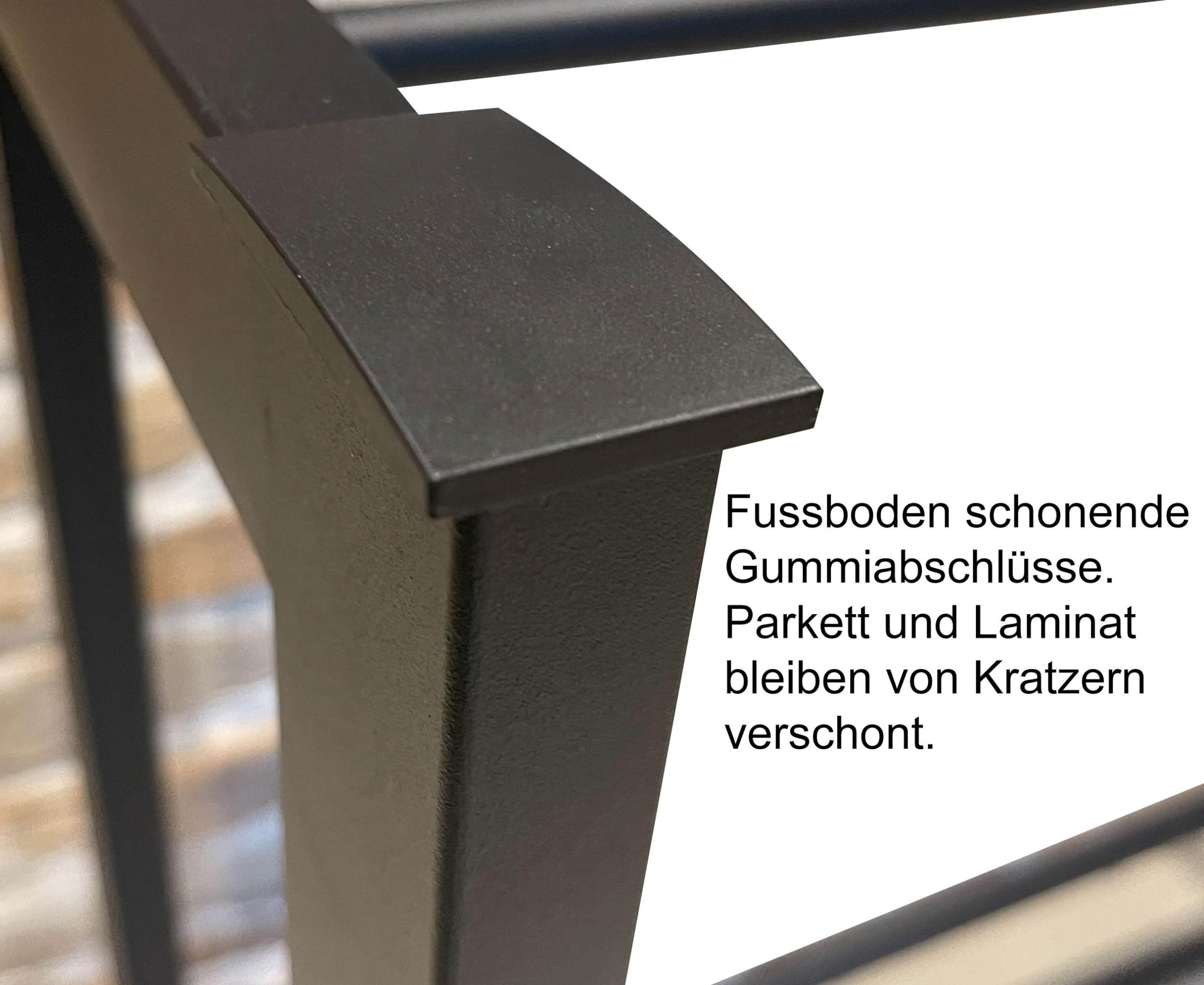 Schwarzer Metall-Möbelfuß mit Bodenschoner, German text on the right.