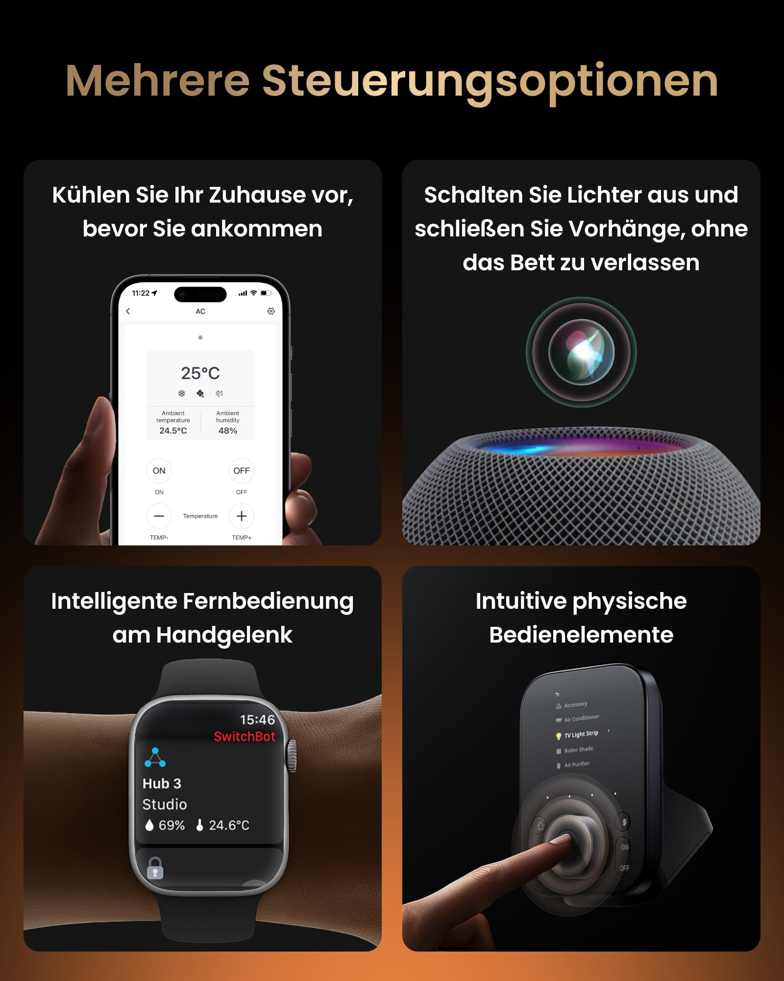 Quatre images montrent diverses options de contrôle domotique via une appli, un assistant vocal, une montre connectée et une télécommande.