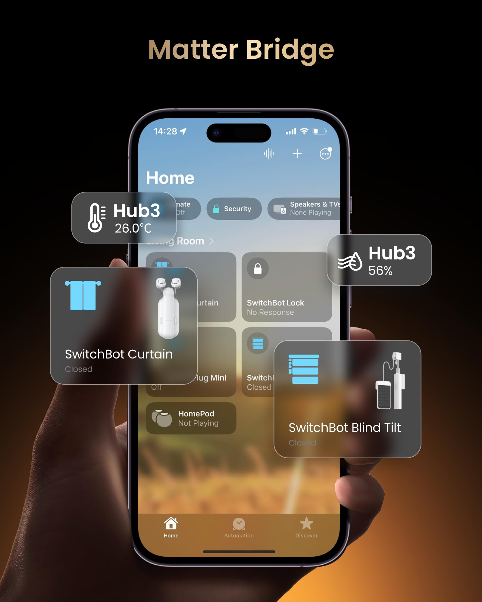 Un écran de smartphone affiche une application domotique avec des commandes flottantes SwitchBot.