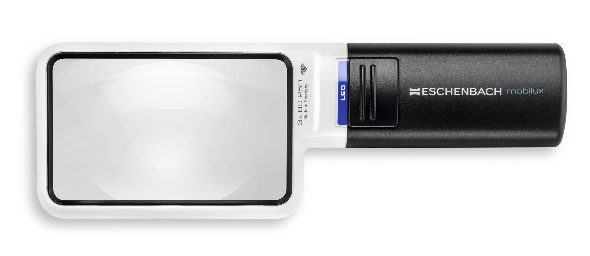 Une loupe à main LED Eschenbach Mobilux noire et blanche sur fond blanc.