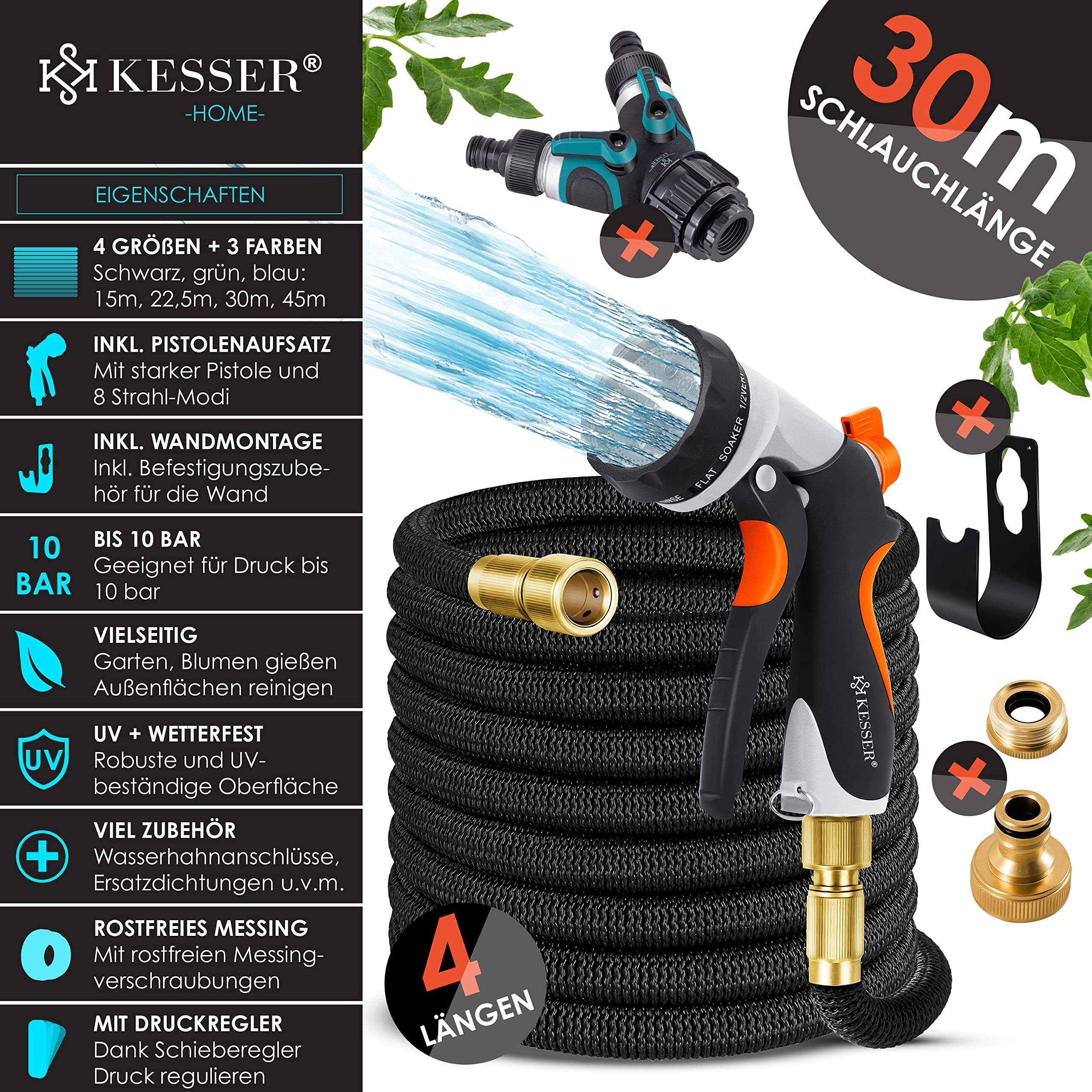 Kesser Gartenschlauch Werbung mit aufgerolltem schwarzen Schlauch, Spritzpistole mit Wasserstrahl, Anschlüssen und Liste.