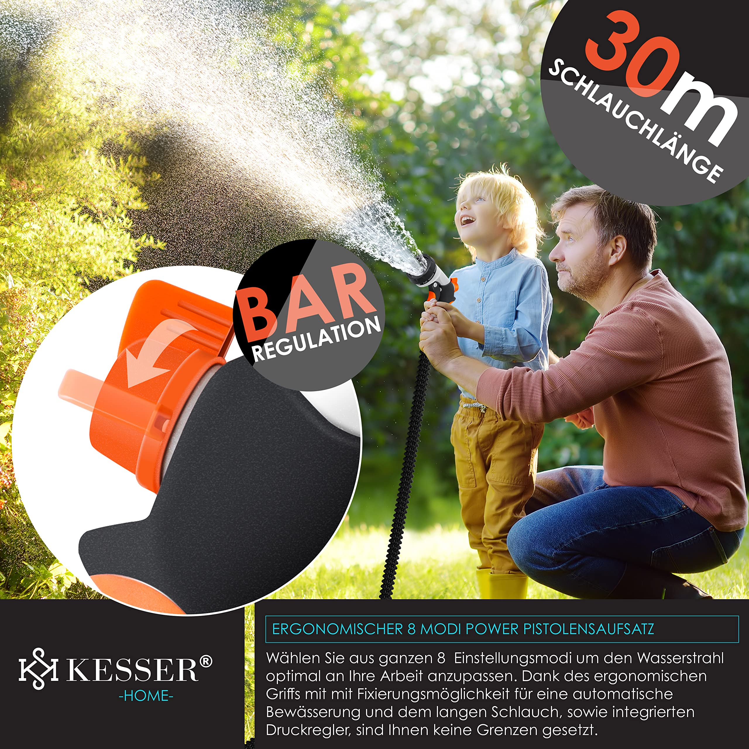 Ein Vater und sein Sohn sprühen Wasser mit einem Gartenschlauch, während eine Inset-Grafik die Druckregulierung zeigt.