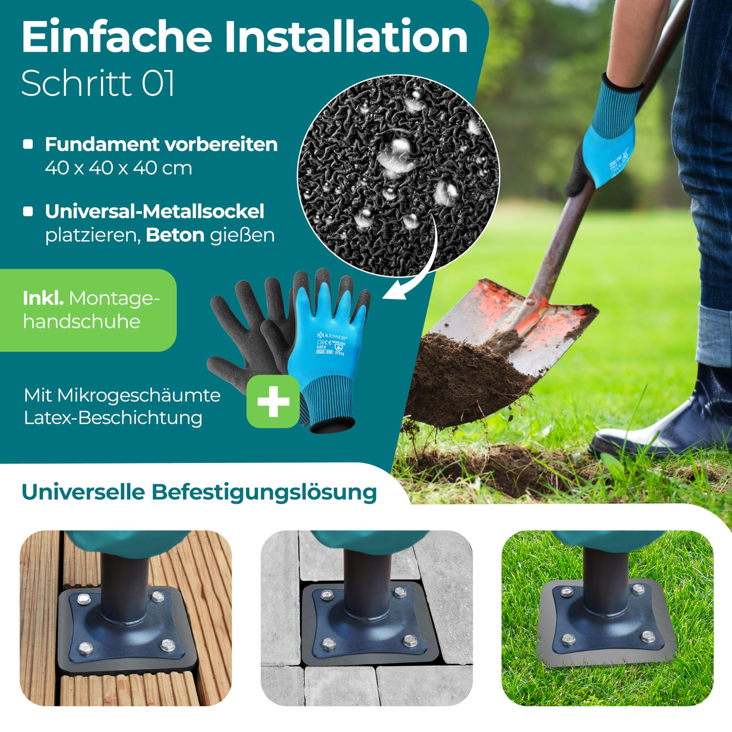 Guide d'installation montrant une pelle, des gants et des exemples de fixation.