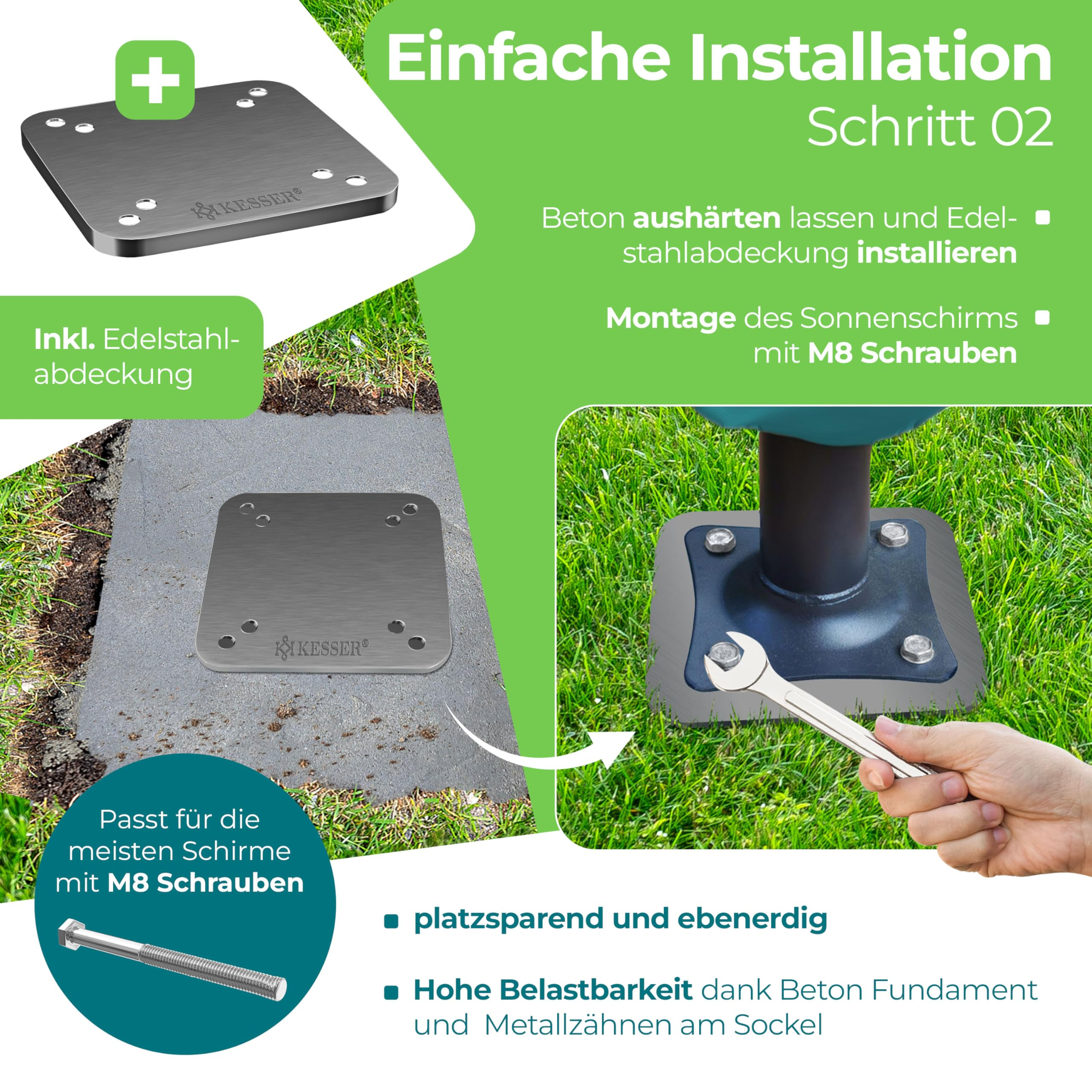 Étape d'installation 2 pour ancrage de parasol avec plaque en acier inoxydable et vis M8.