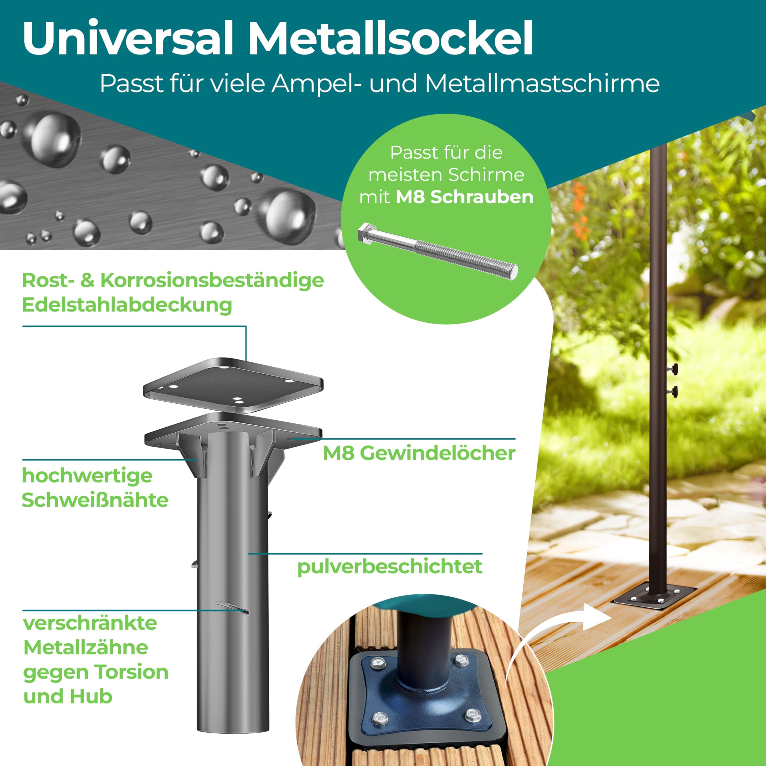 Graphique de produit d'une base métallique universelle avec détails sur l'acier inoxydable et les trous filetés M8.