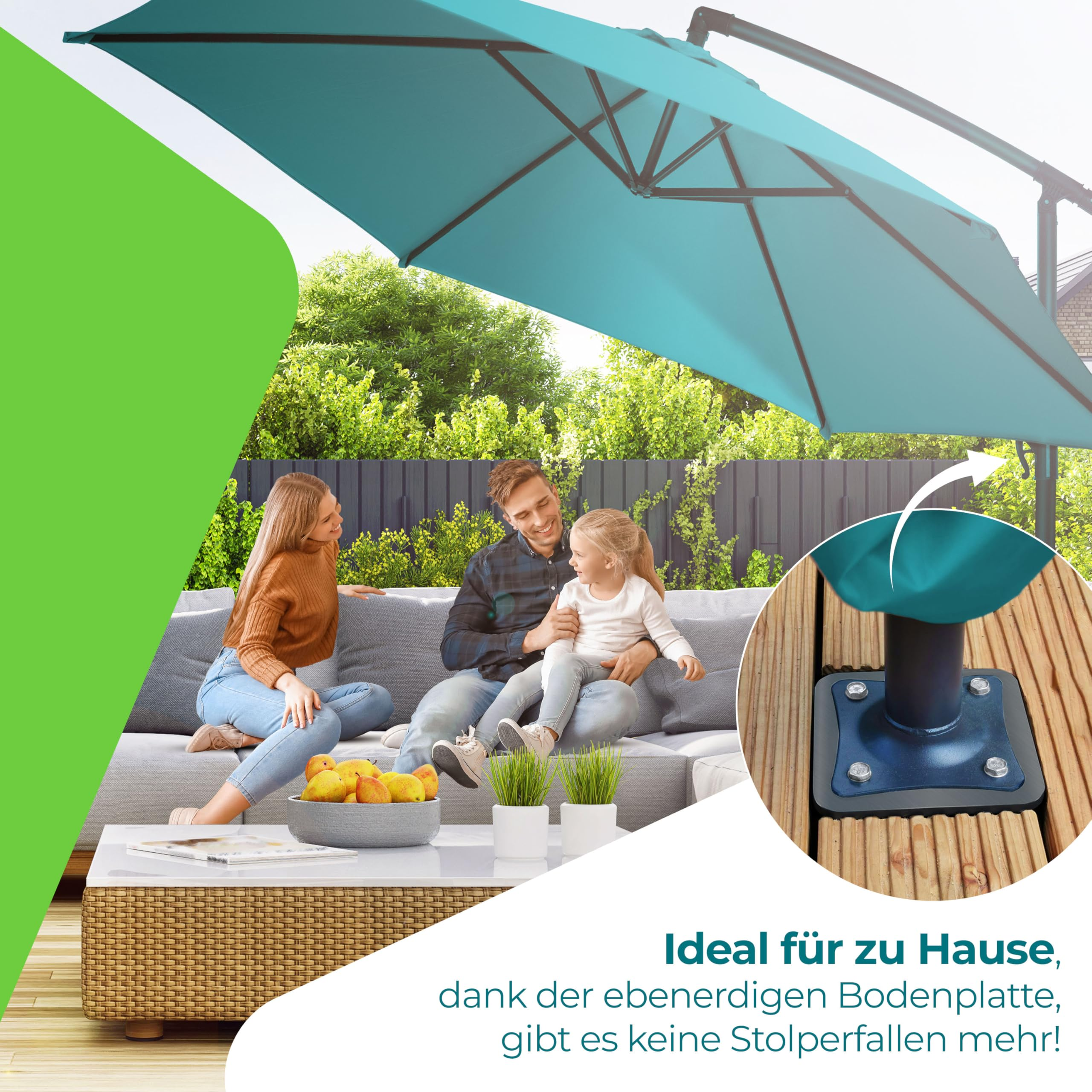 Une famille se détend sous un parasol bleu dans le jardin. Un encart montre la base robuste.