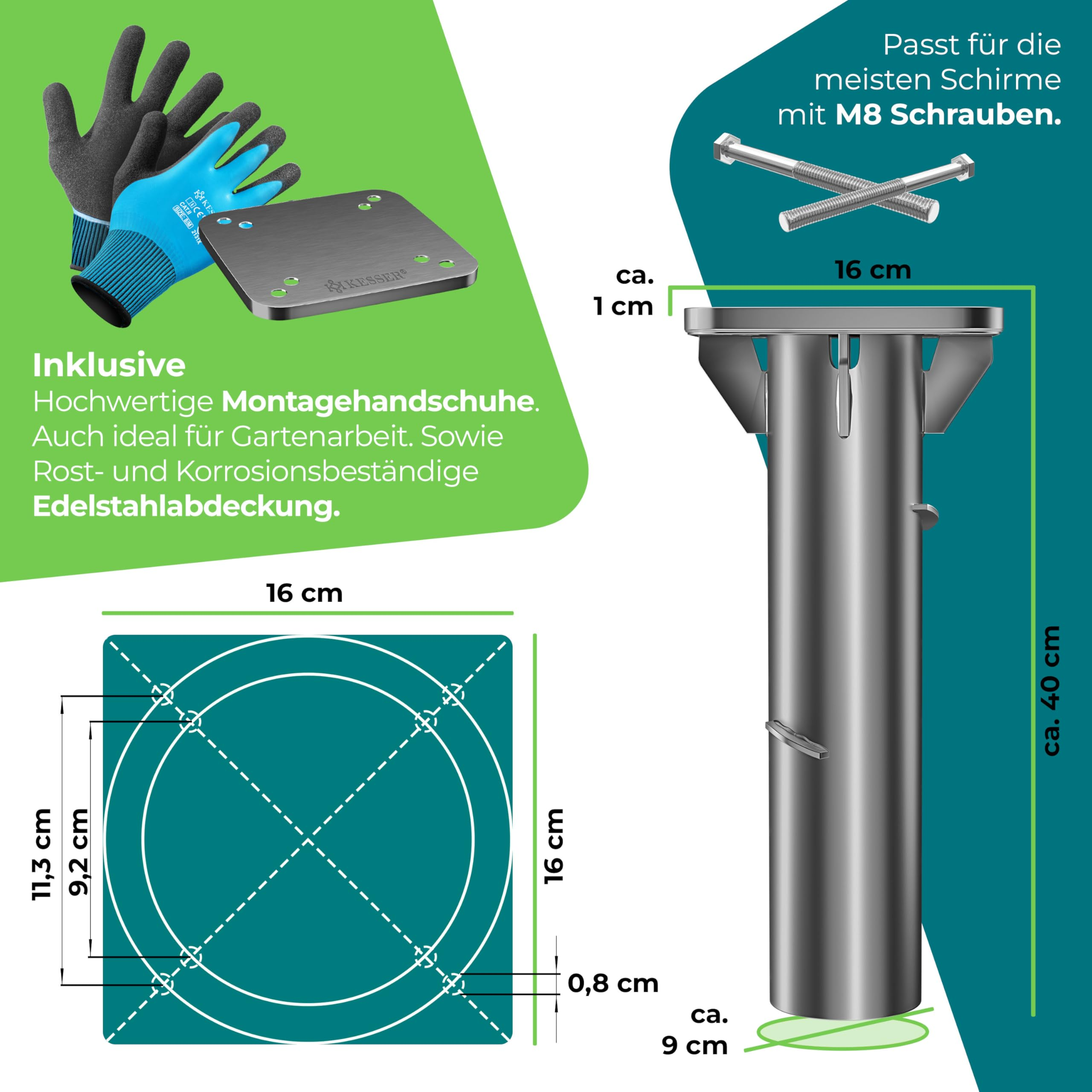 Infographie montrant un ancrage de sol en acier inoxydable avec dimensions, gants et vis.