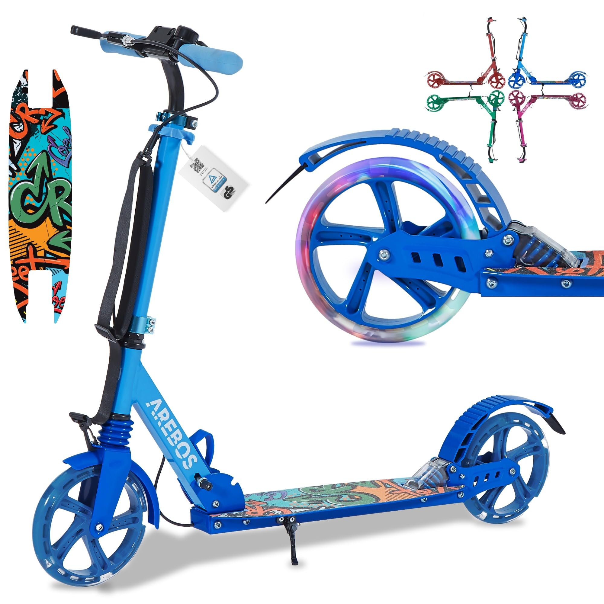 Une trottinette bleue avec des roues lumineuses, un plateau graffiti et des vues en médaillon sur fond blanc.