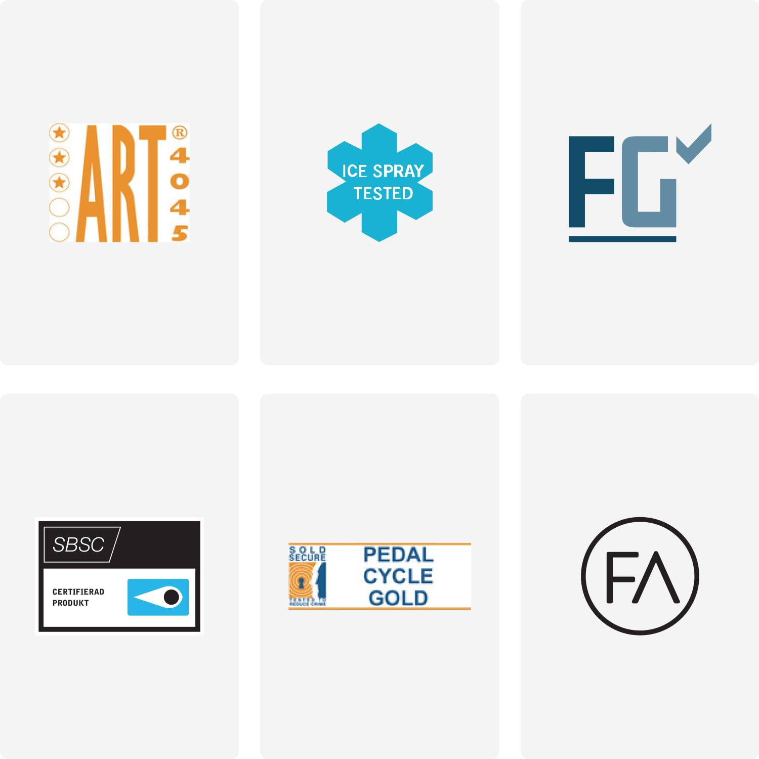 Six icônes affichent des certifications de sécurité pour vélos, incluant ART, Ice Spray Tested, FG, SBSC, Sold Secure et FA.