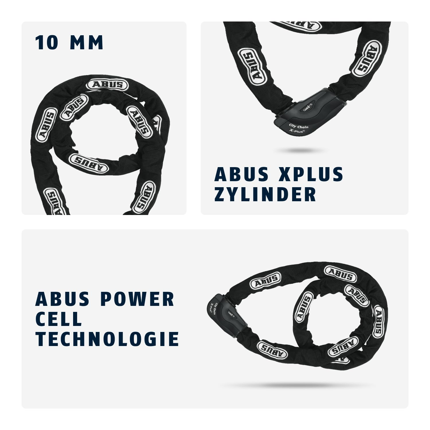 Aperçu du produit d'un antivol à chaîne Abus de 10 mm d'épaisseur, avec cylindre XPlus et technologie Power Cell.