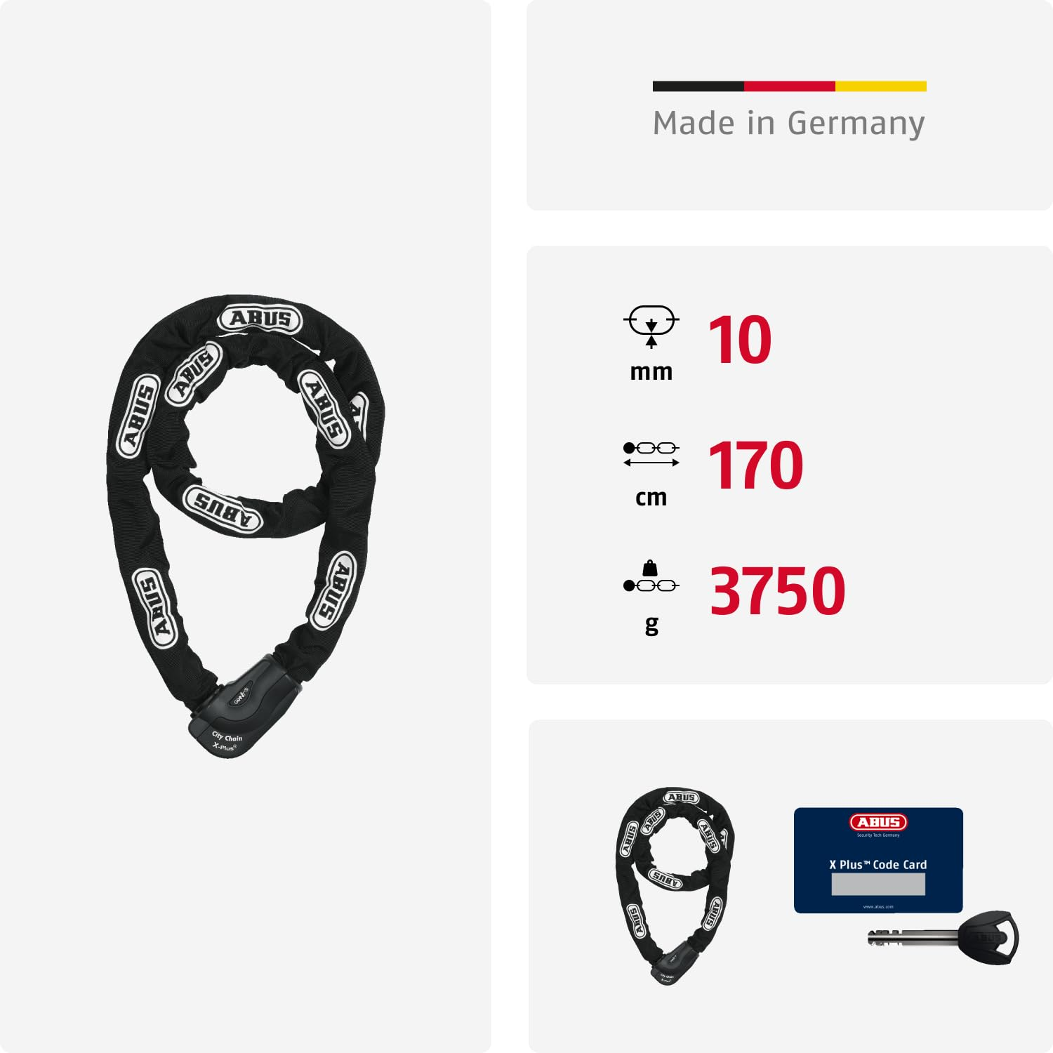 Antivol à chaîne ABUS de 10 mm d'épaisseur, 170 cm de long et 3750 g, avec carte de code et clés.
