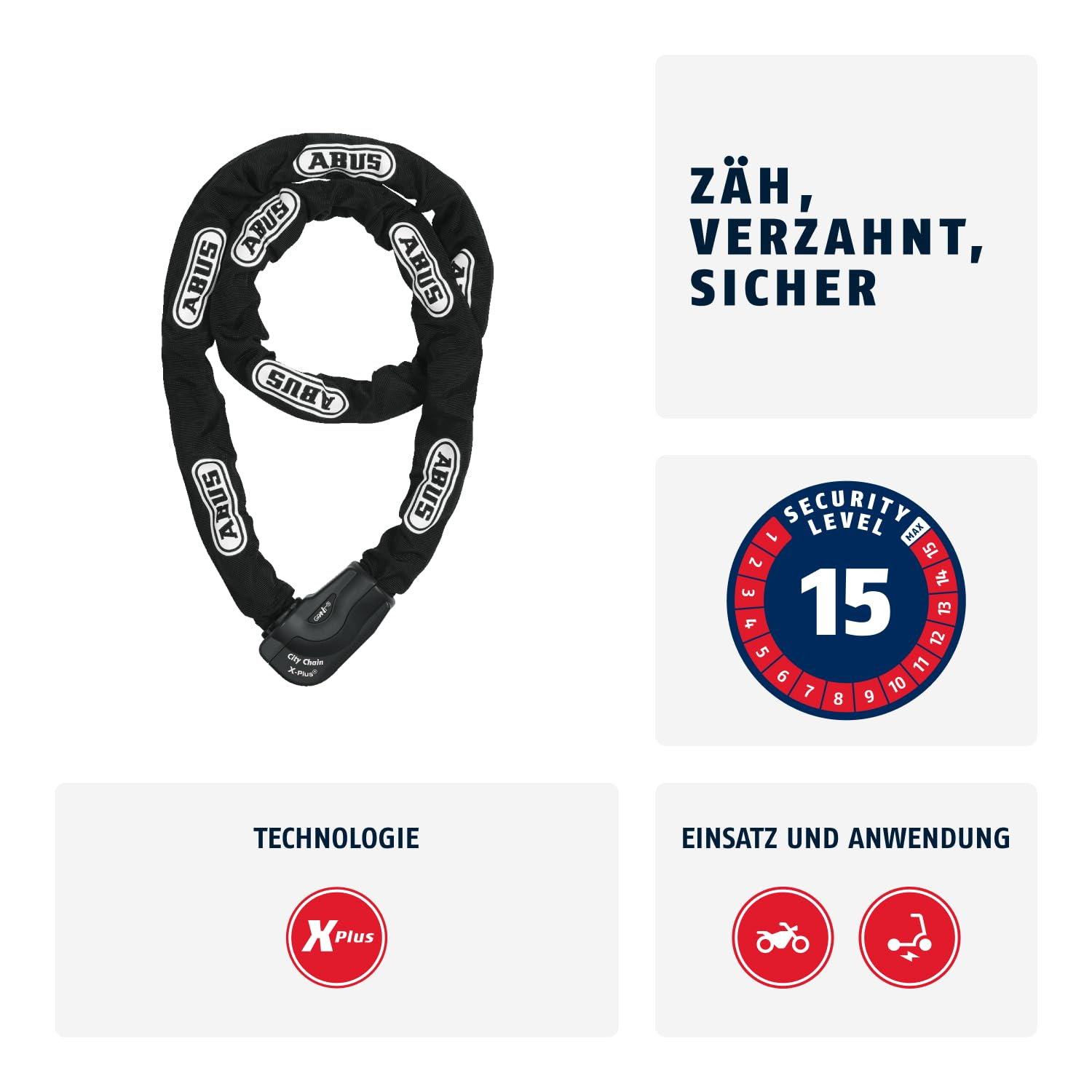 Antivol à chaîne Abus avec housse en tissu, niveau de sécurité 15, cylindre X-Plus et icônes moto et trottinette.