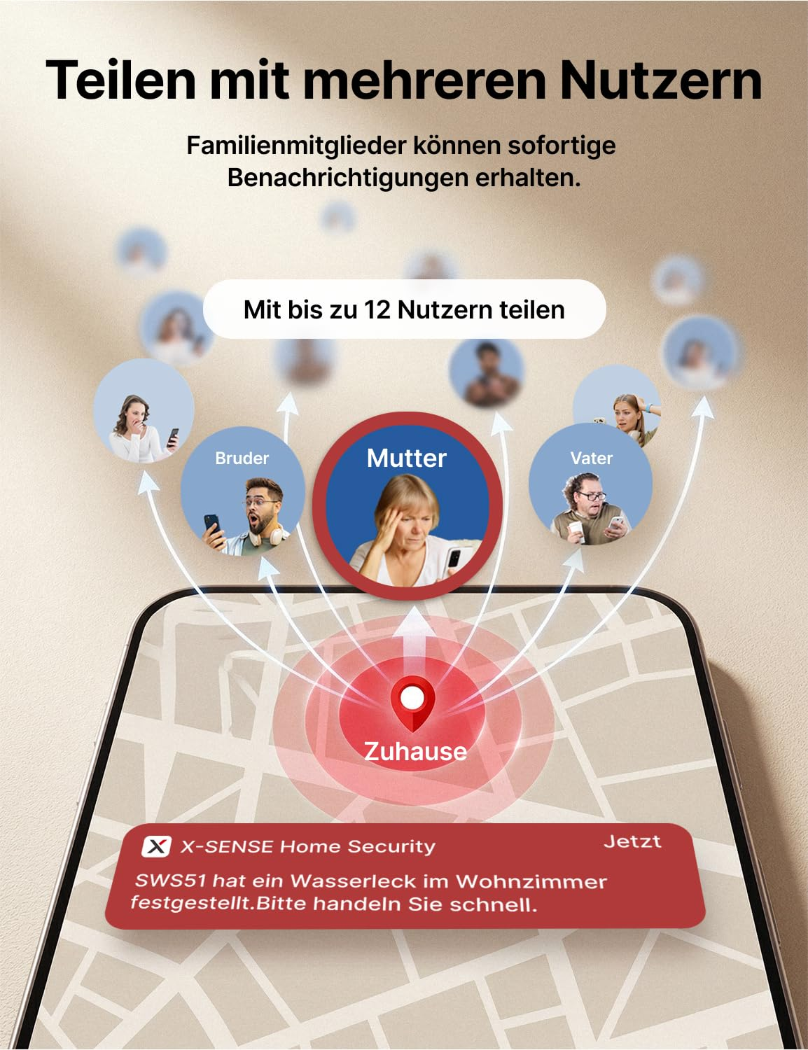 Schermo di uno smartphone con app di sicurezza domestica, mappa, allarme e profili.
