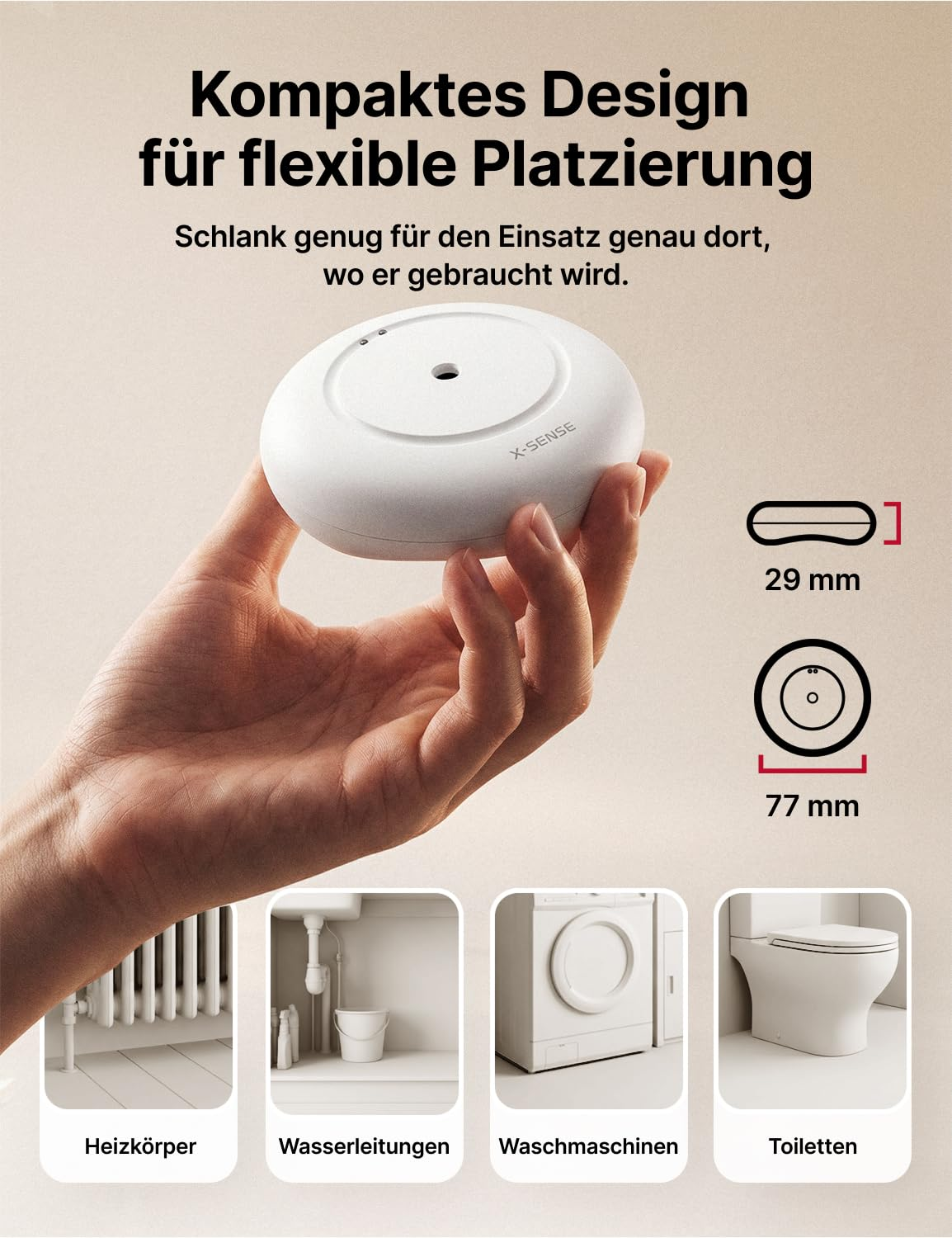 Una mano tiene un sensore X-Sense bianco e compatto con dimensioni ed esempi d'uso.