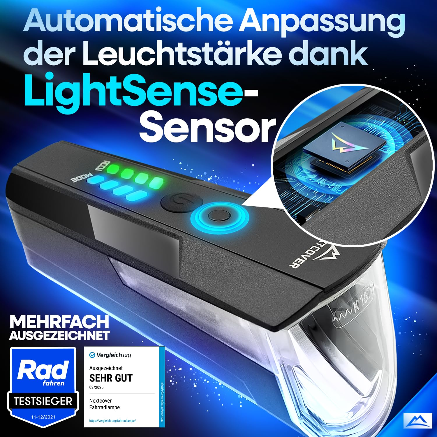 Lampe de vélo avec capteur LightSense, indicateur de batterie vert et puce intégrée sur fond bleu.