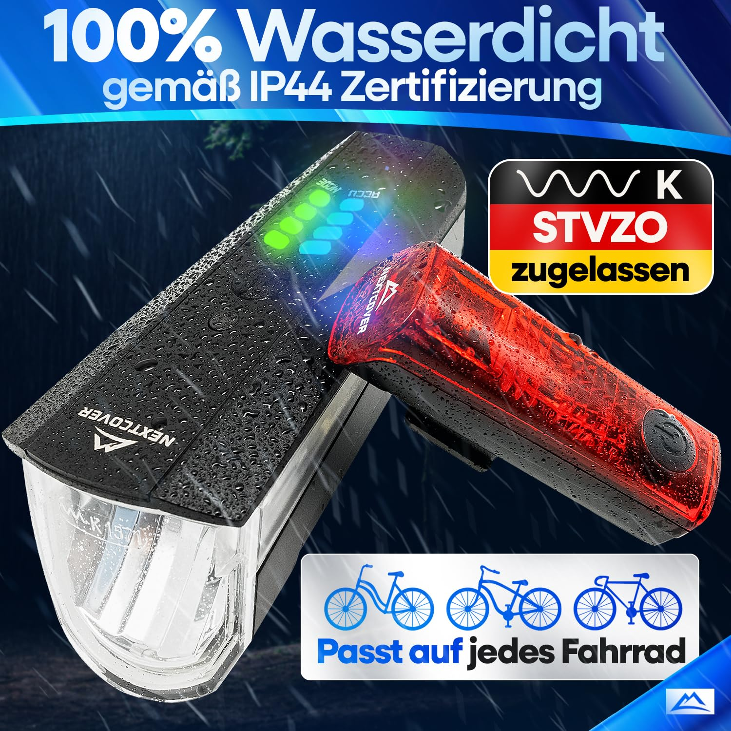 Éclairage de vélo étanche avec feux avant et arrière sous la pluie.