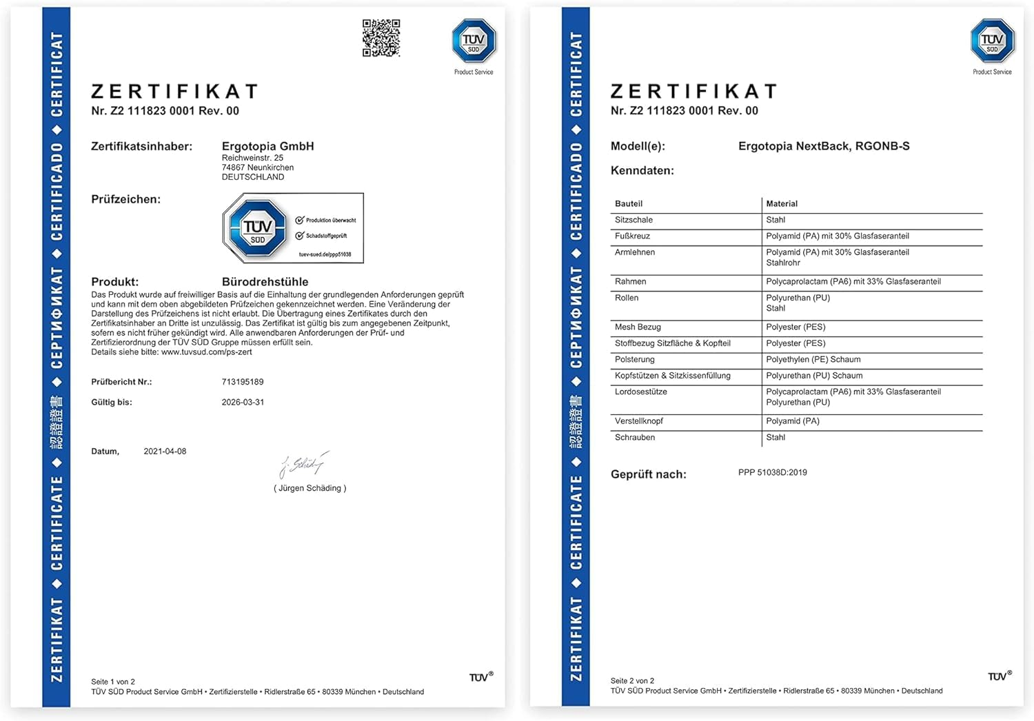 Certificat TÜV SÜD pour chaises de bureau Ergotopia, pages 1 et 2 avec données techniques.