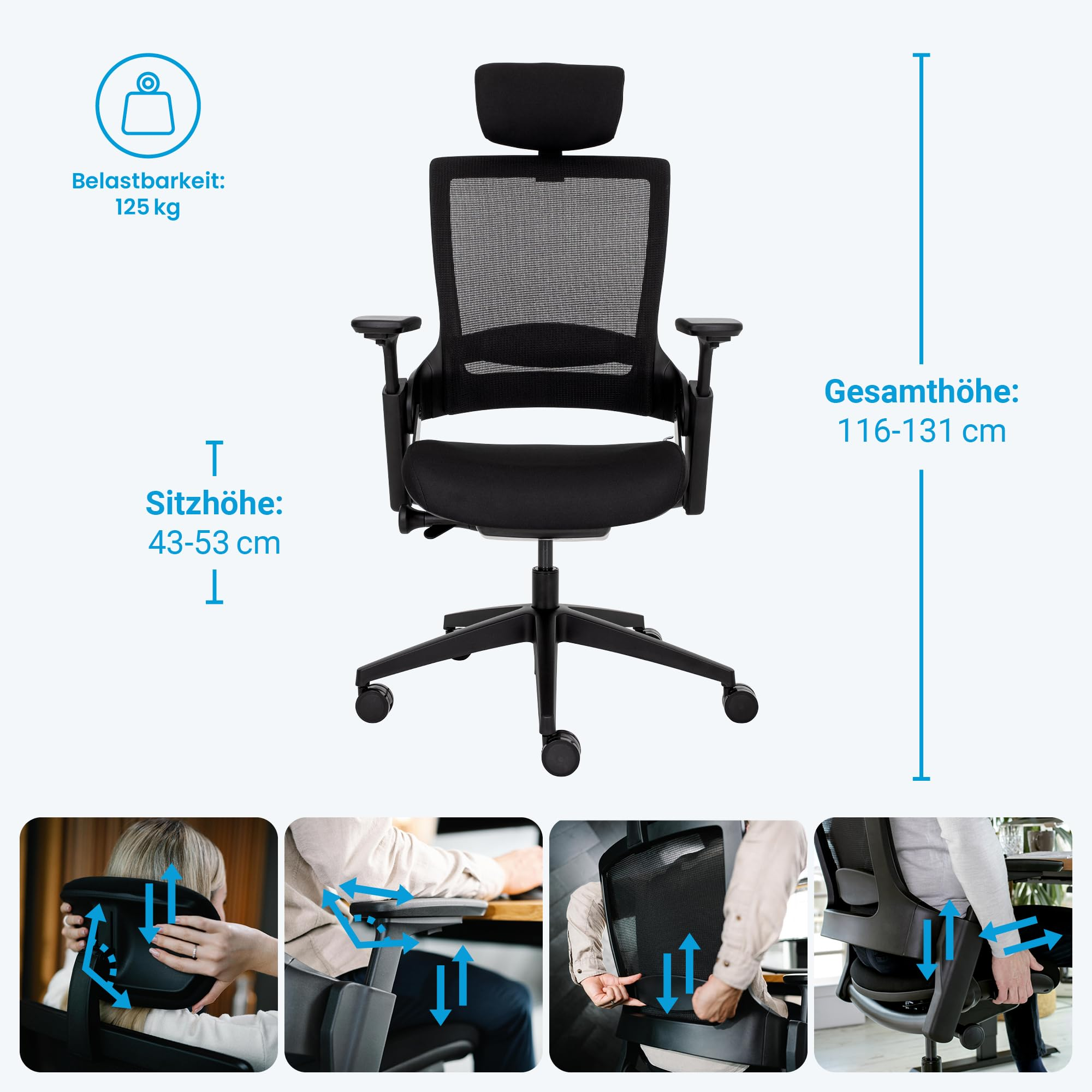 Chaise de bureau ergonomique noire avec dossier en maille, roulettes et dimensions.