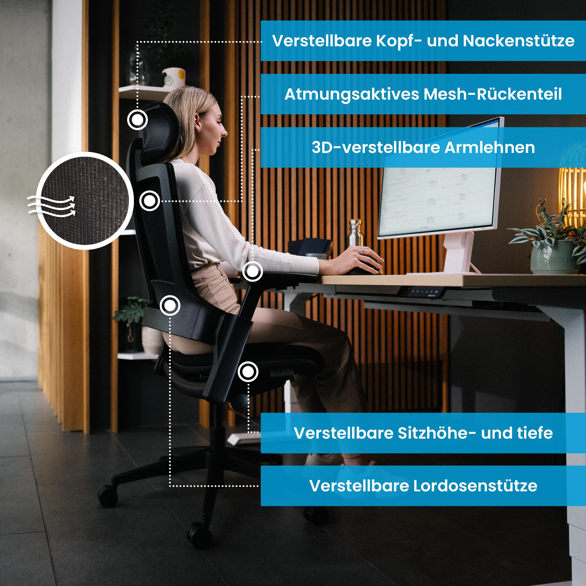 Une femme travaille a un bureau sur une chaise ergonomique, avec des encadres bleus.