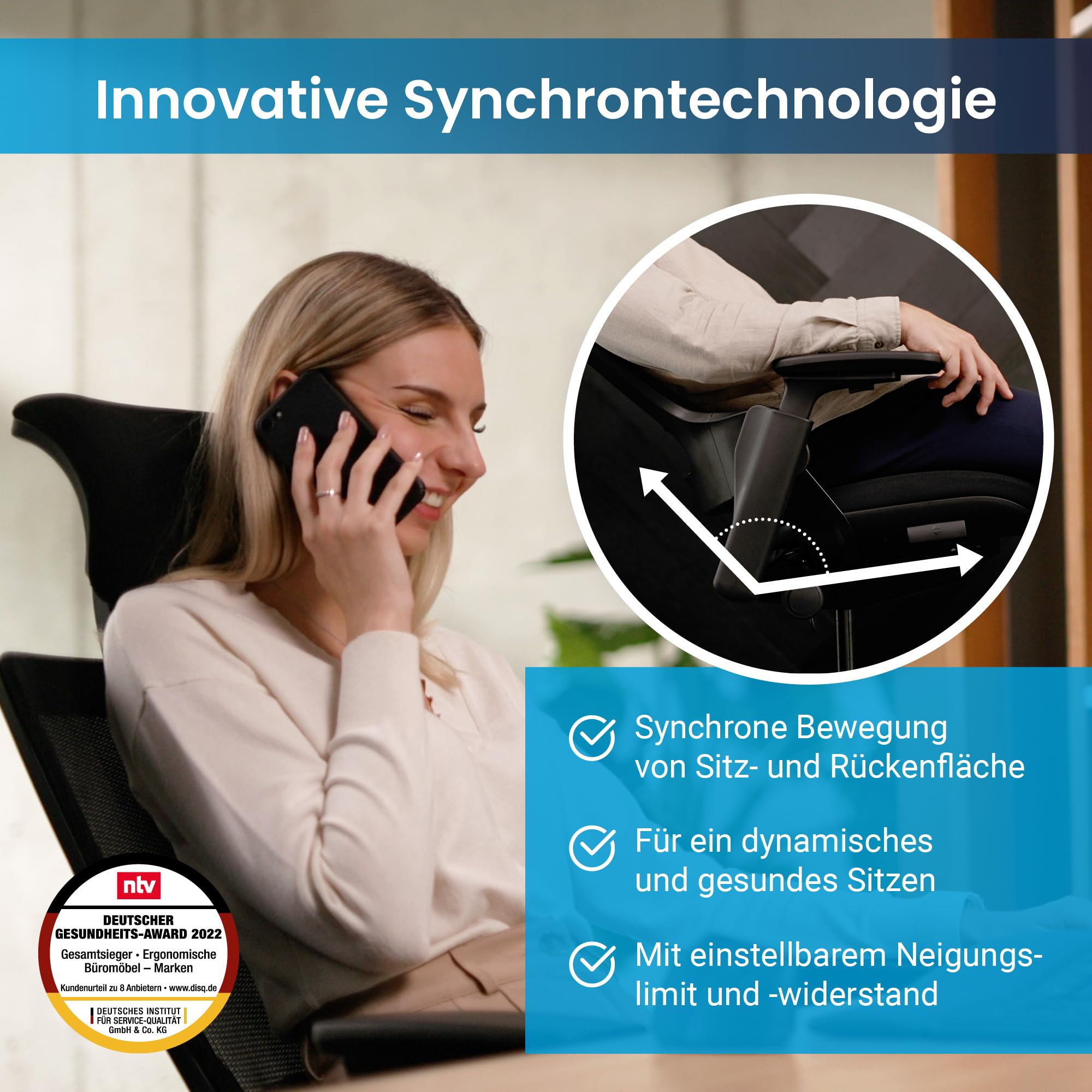 Femme au téléphone au bureau, avec un détail du mécanisme de chaise et du texte sur la technologie synchro.