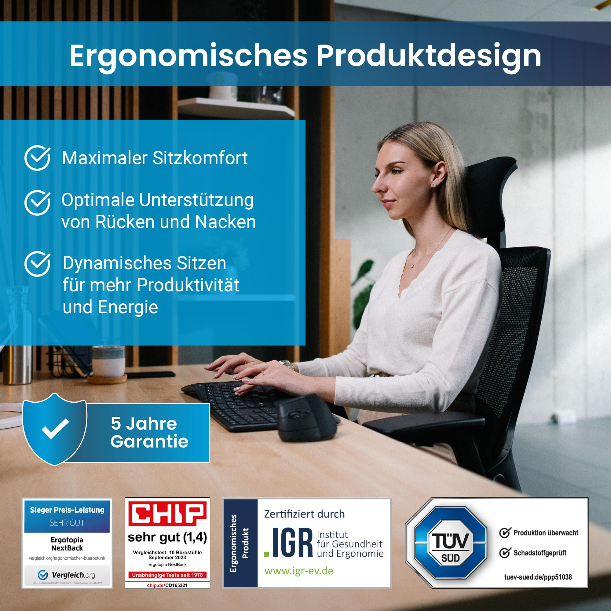 Une femme travaille sur une chaise ergonomique à un bureau avec des labels de certification.