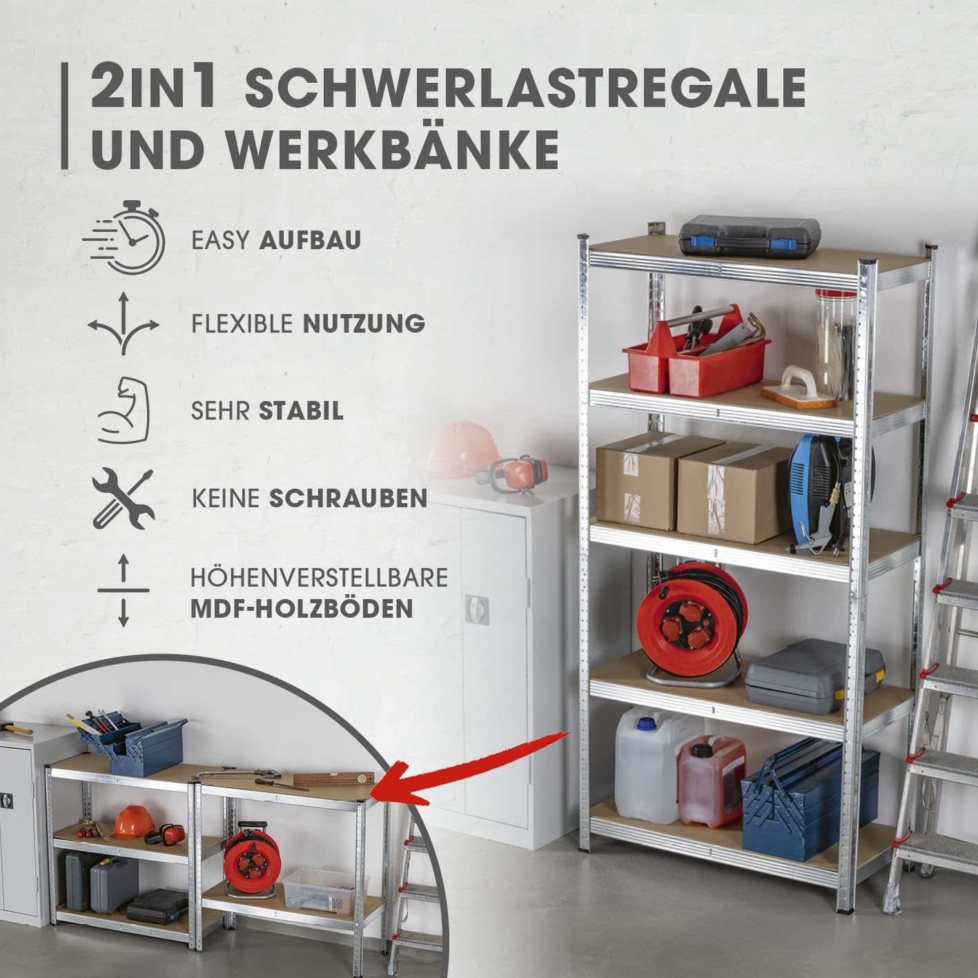 Ein Metallregal mit Werkzeugen und Kisten in einer Werkstatt, mit deutschen Texten und Symbolen.