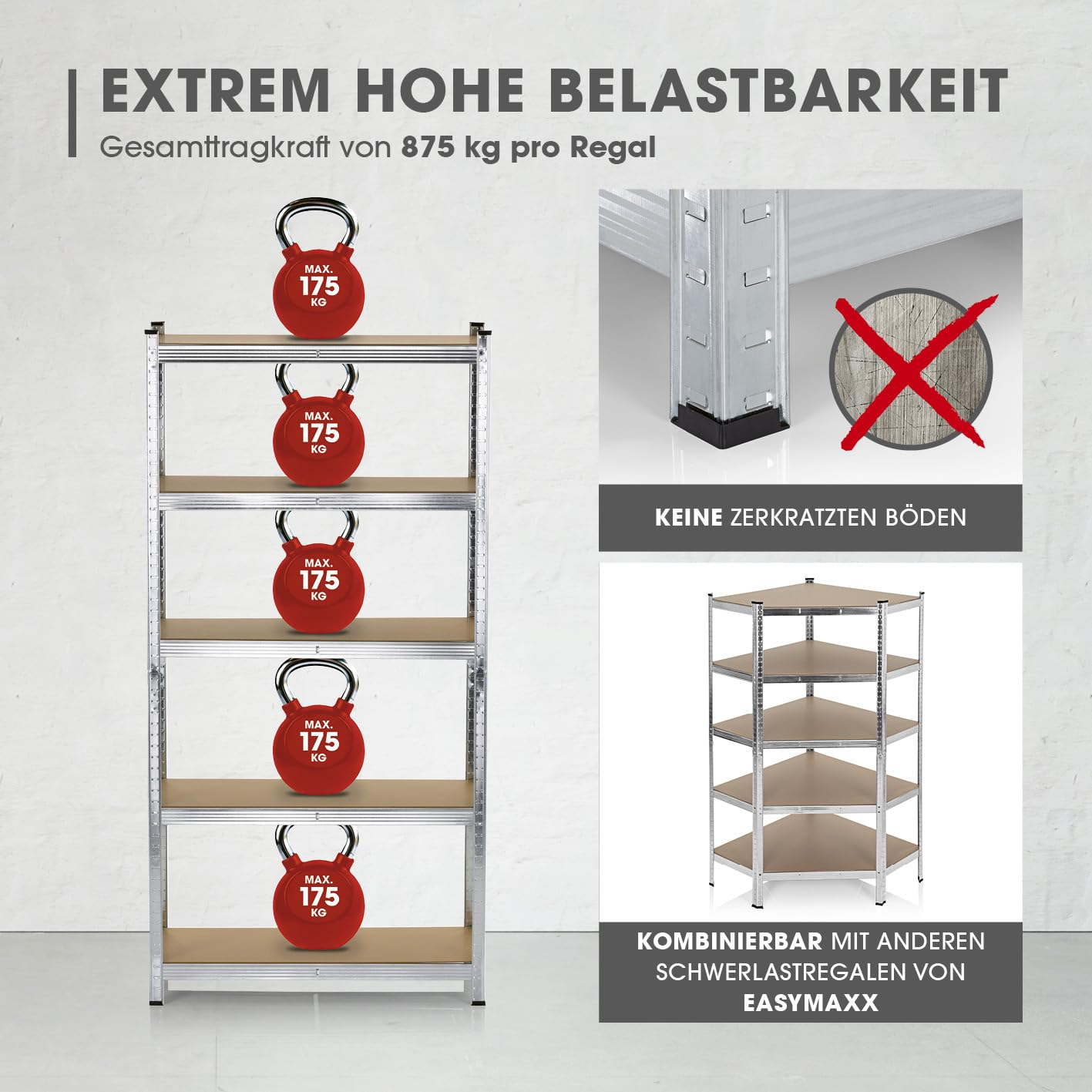 Stabiles Metallregal mit Holzbrettern, das mit fünf roten 175-kg-Gewichten belastet ist.