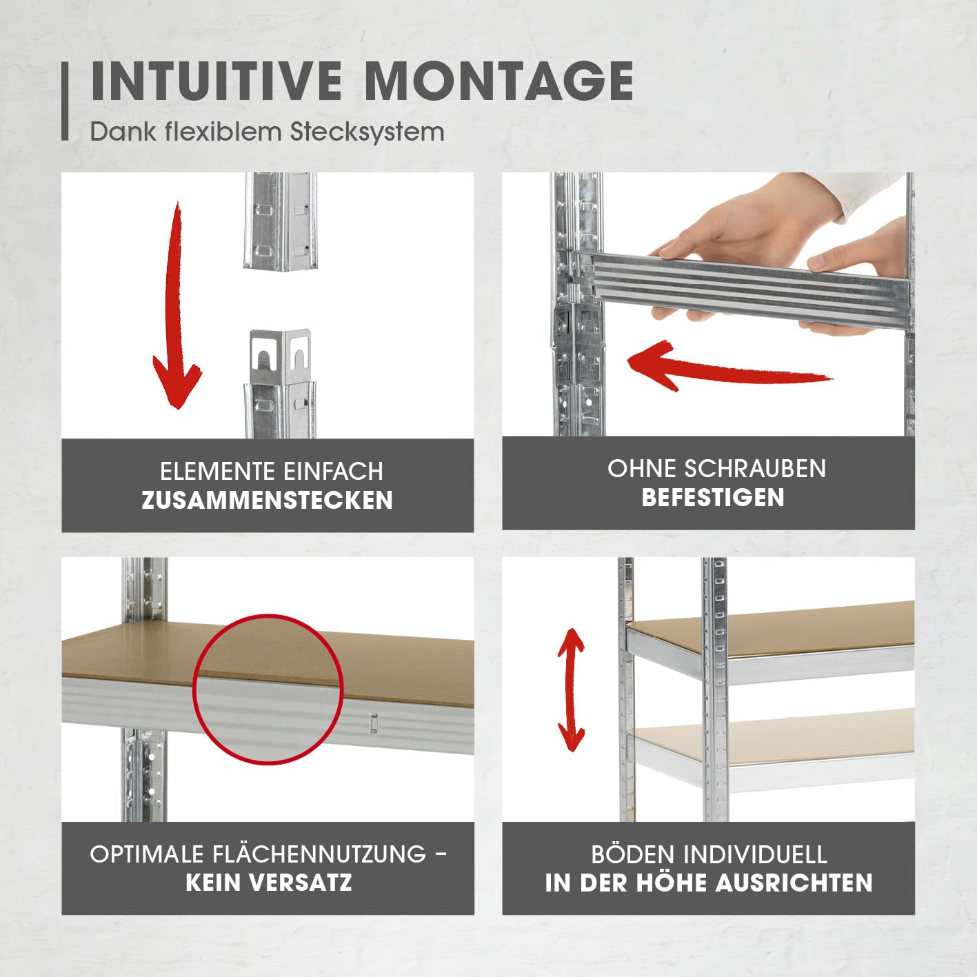 Vier schritte zeigen die einfache und schraubenlose Montage eines Metallregals mit Stecksystem.