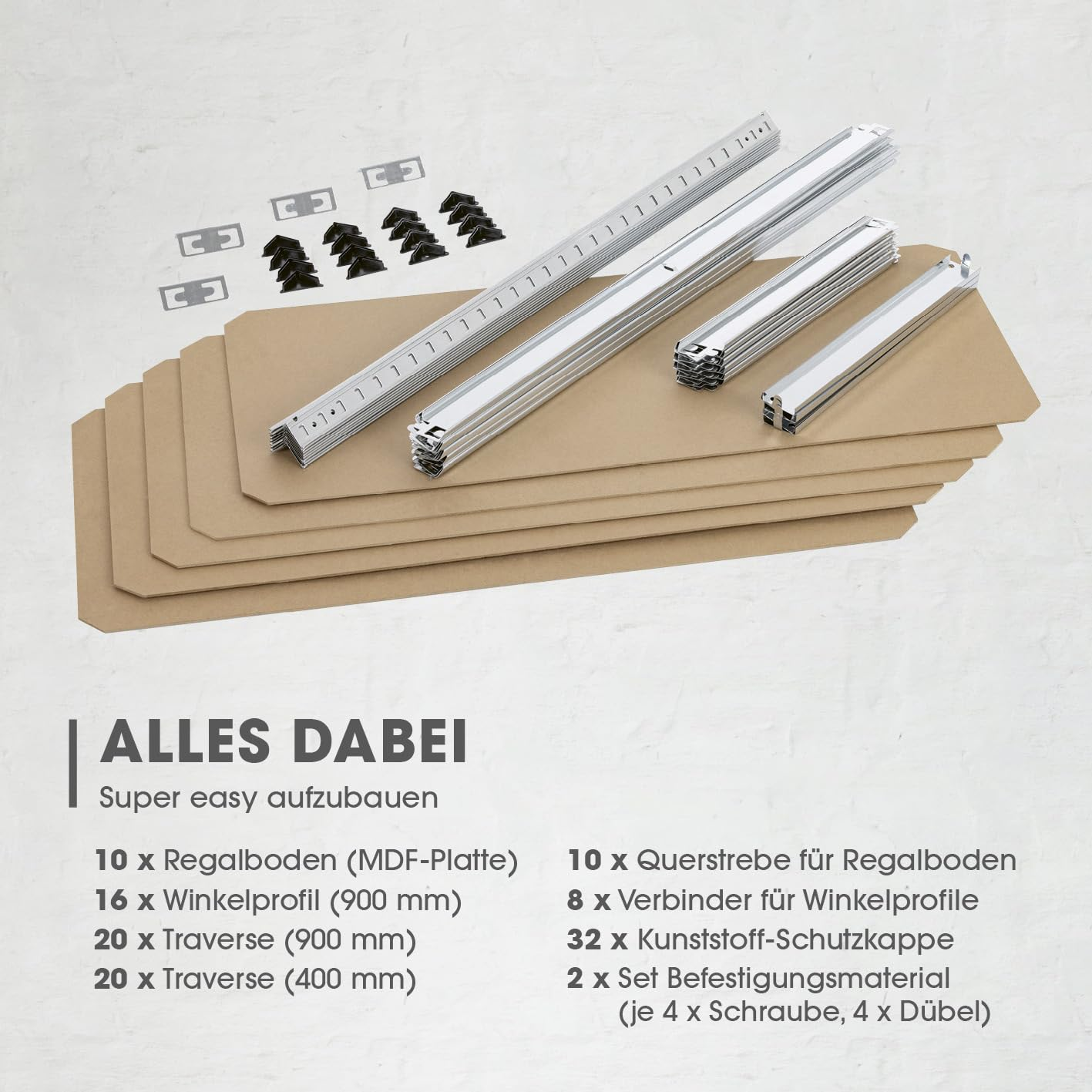 Regal-Einzelteile mit Holzplatten, Metallprofilen und Beschlägen sowie einer Stückliste unten.
