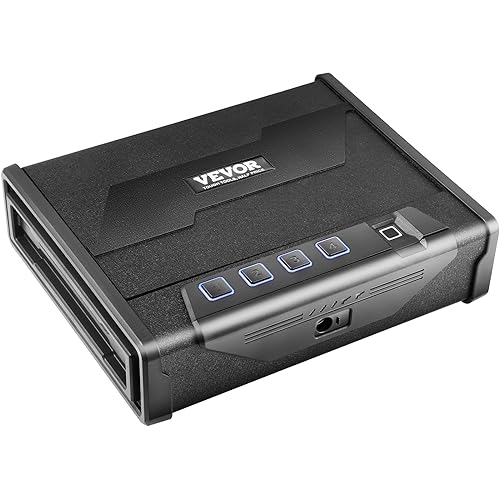Ein schwarzer VEVOR-Tresor mit Ziffernblättern und Fingerabdruckscanner vor weißem Hintergrund.