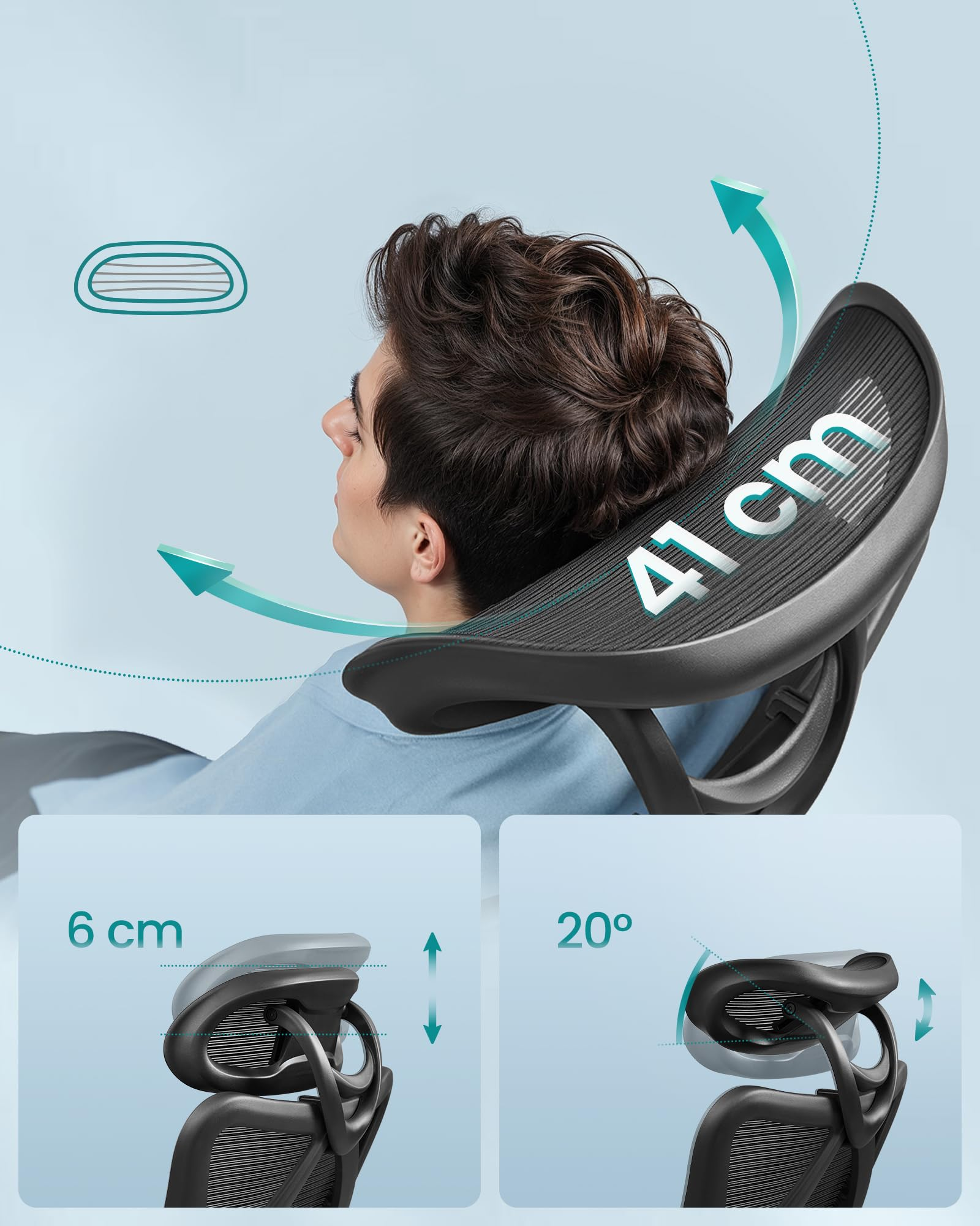Une personne pose sa tête sur l'appui-tête réglable d'une chaise de bureau avec des mesures de 41 cm, 6 cm et 20 degrés.