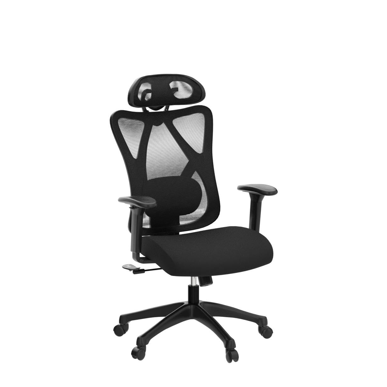 Une chaise de bureau ergonomique noire avec dossier en filet, appuie-tete, accoudoirs et base a roulettes.