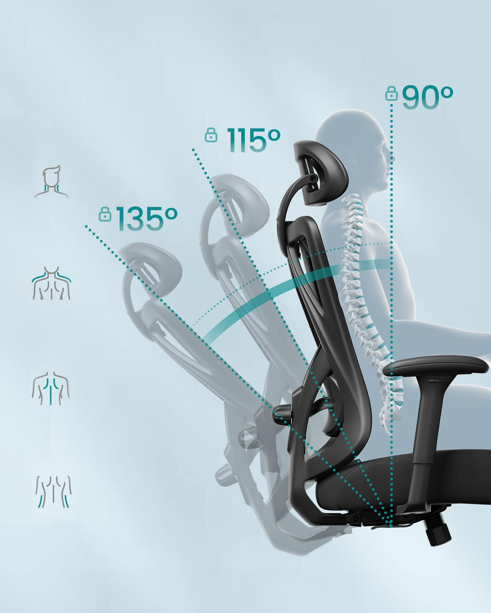 Chaise ergonomique montrant trois angles d'inclinaison du dossier de 90, 115 et 135 degrés.