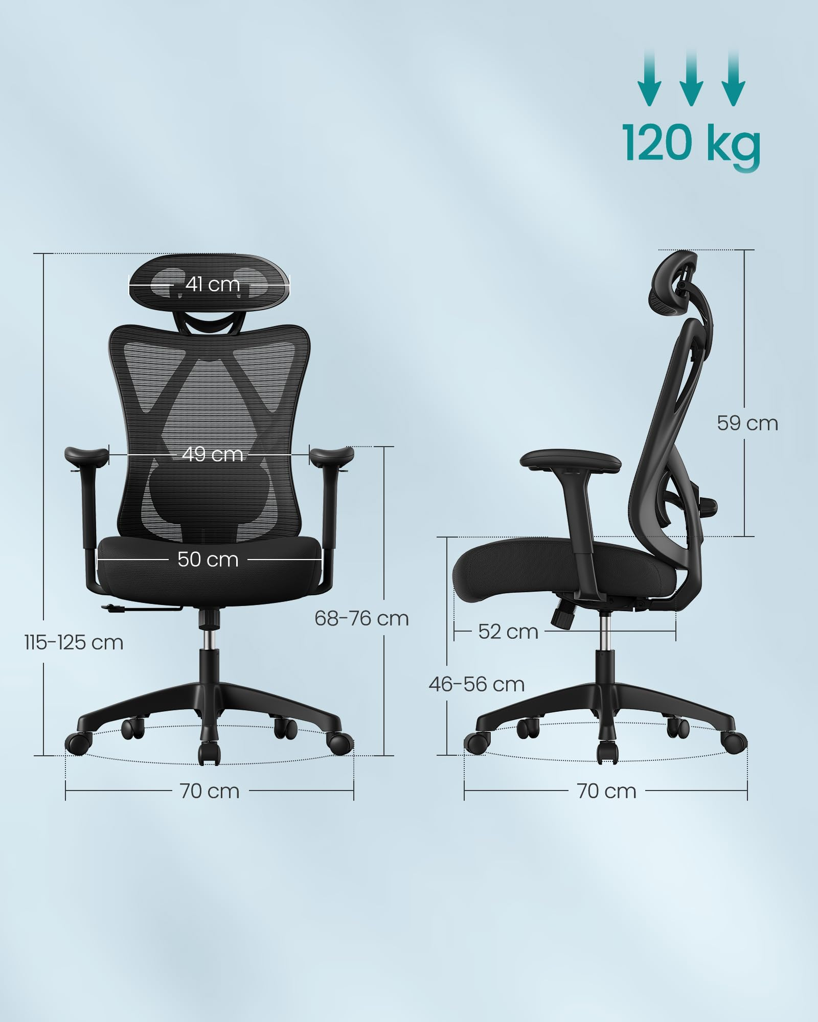 Schéma d'une chaise de bureau ergonomique noire avec dimensions en centimètres et une capacité de 120 kg.