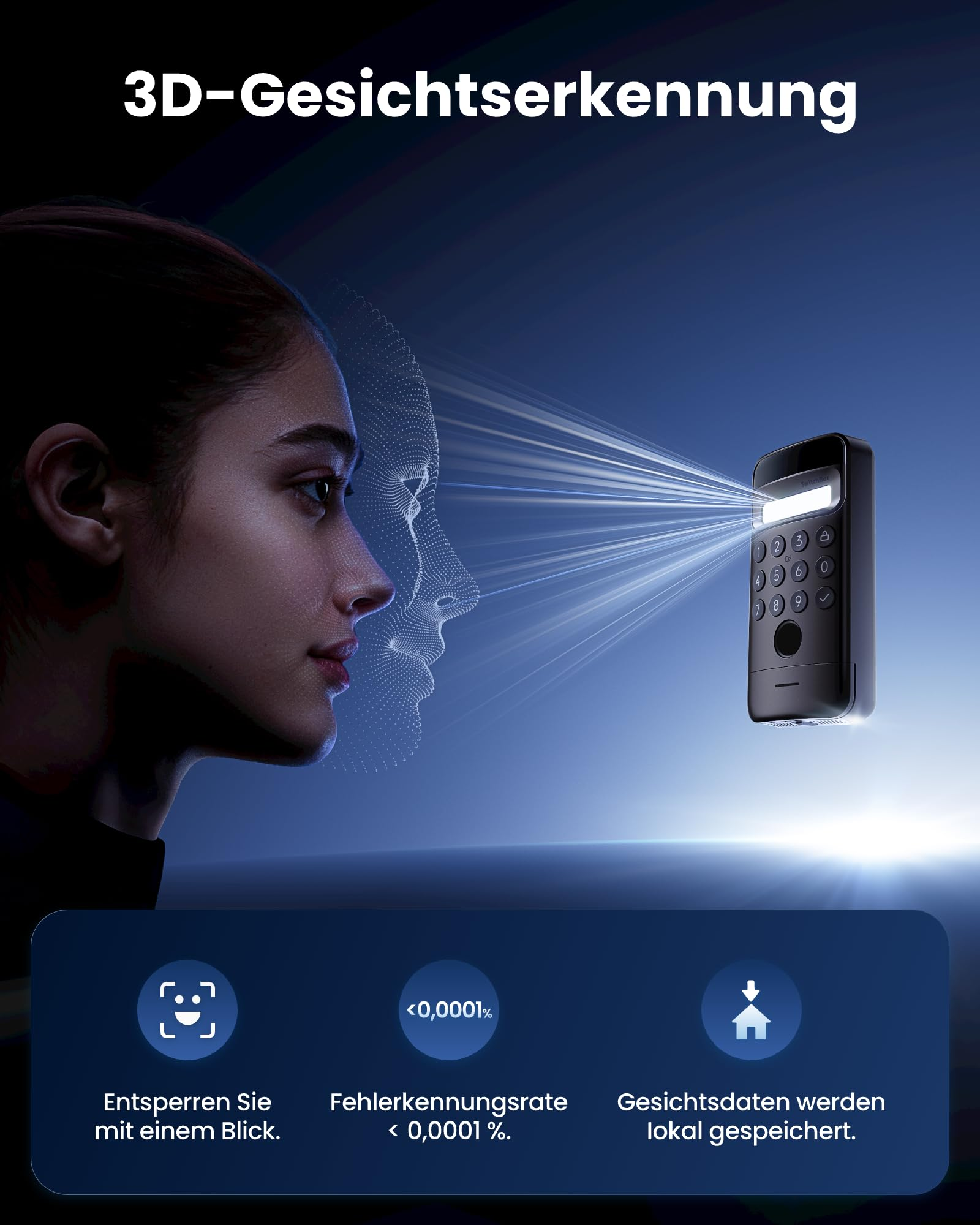 Ein Smart-Lock scannt das Gesicht einer Frau mit 3D-Technologie für sicheres Entsperren.