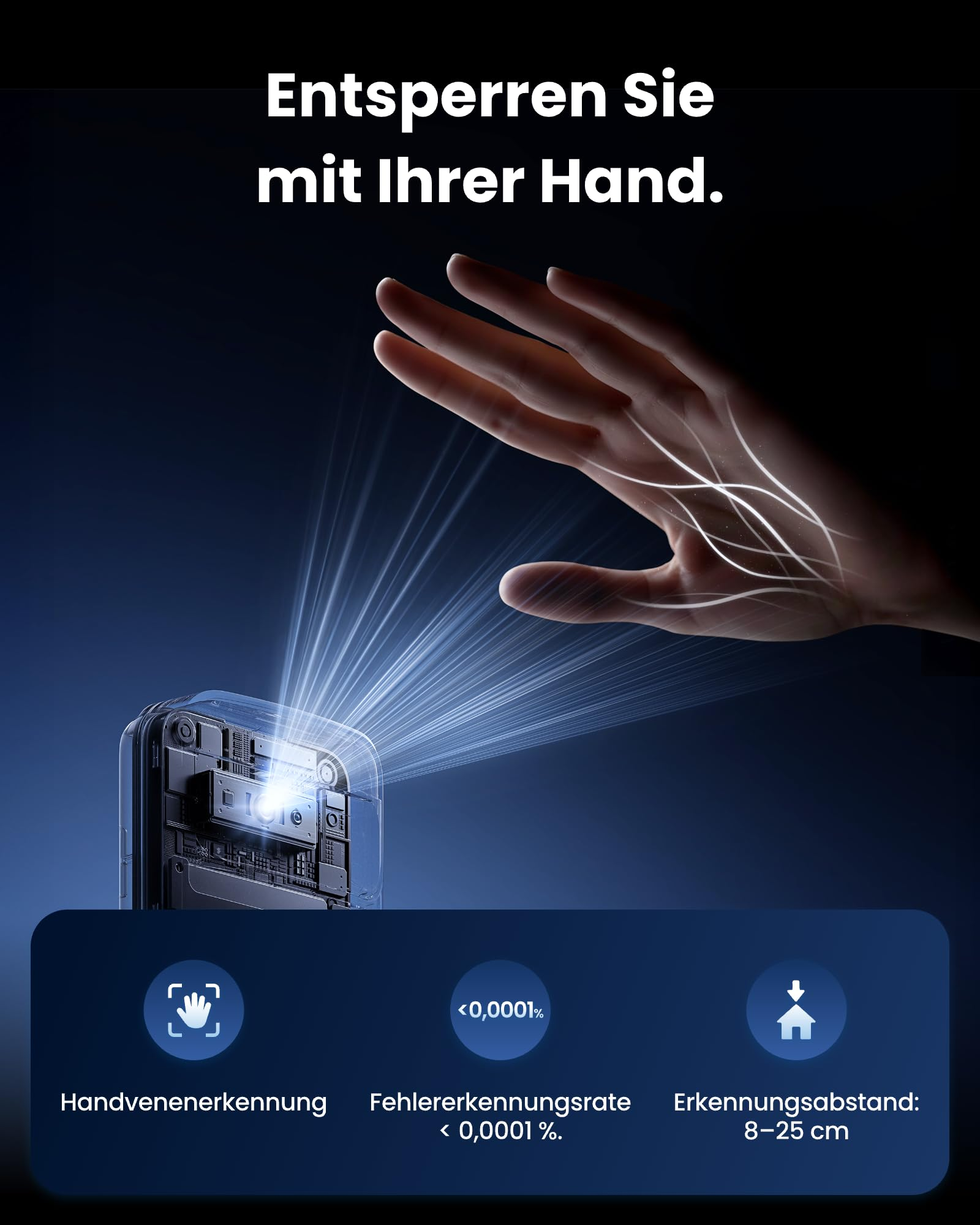 Handvenenerkennung mit Infrarotlicht zeigt Hand über Scanner auf blauem Hintergrund mit Statistiken.