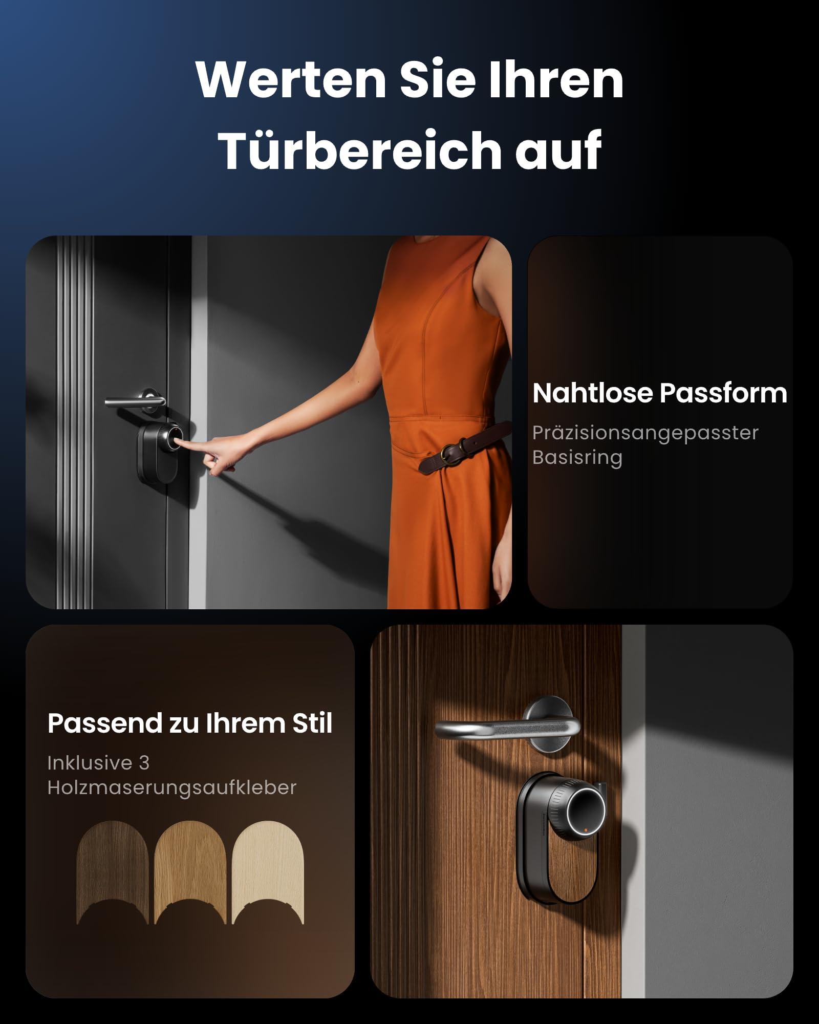 Frau bedient smartes Türschloss mit Holzoptik-Aufklebern für individuelles Design.